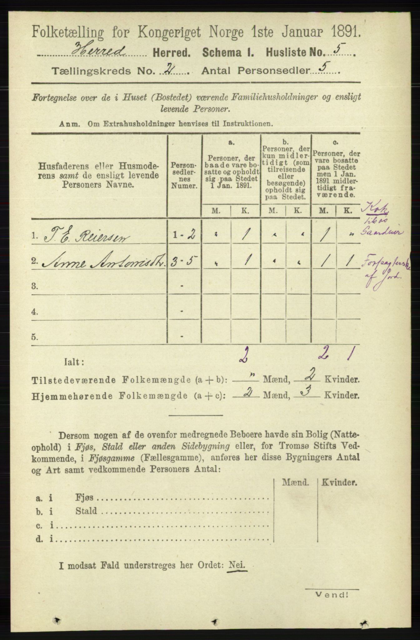 RA, 1891 census for 1039 Herad, 1891, p. 442