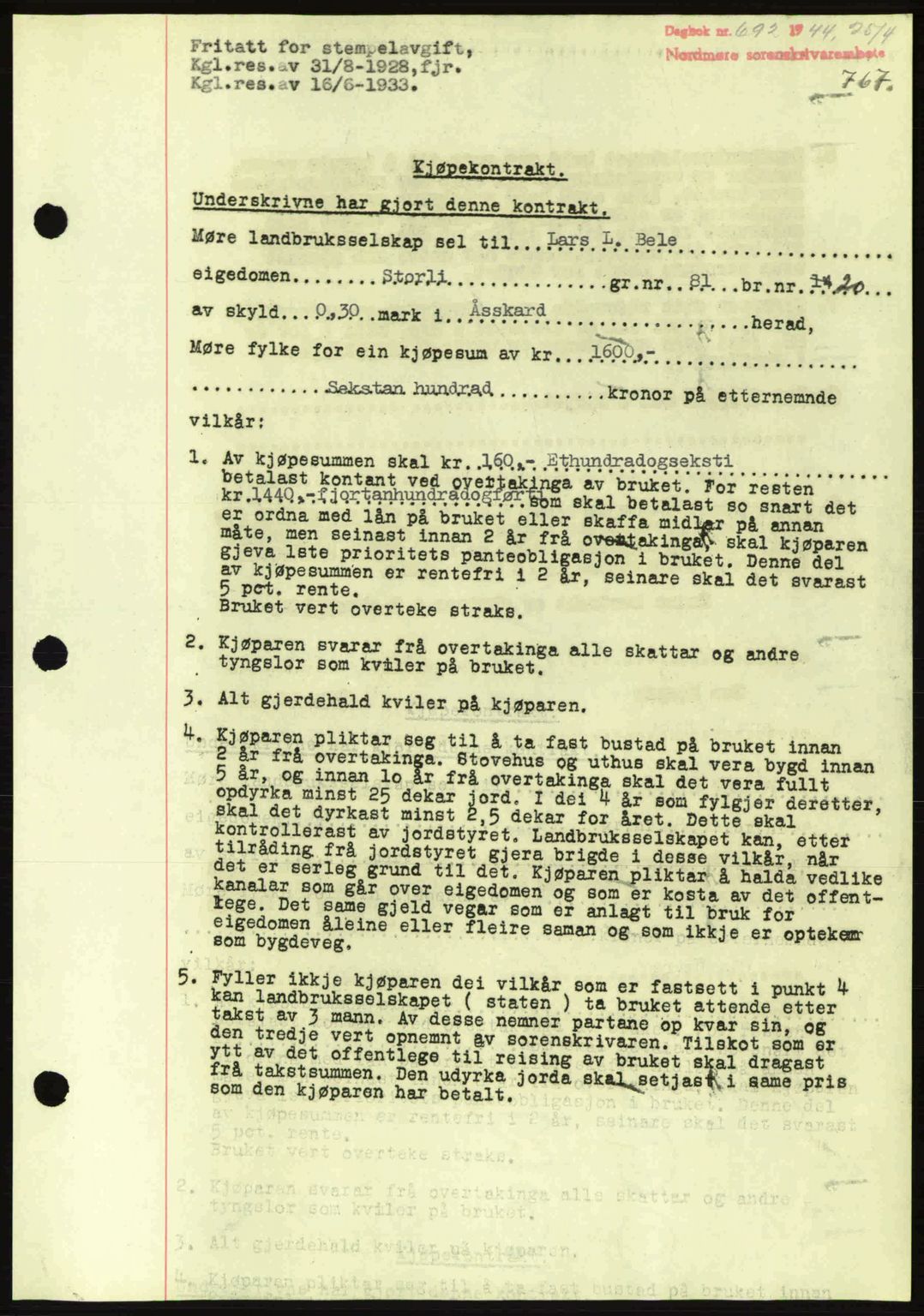 Nordmøre sorenskriveri, AV/SAT-A-4132/1/2/2Ca: Mortgage book no. B91, 1943-1944, Diary no: : 692/1944