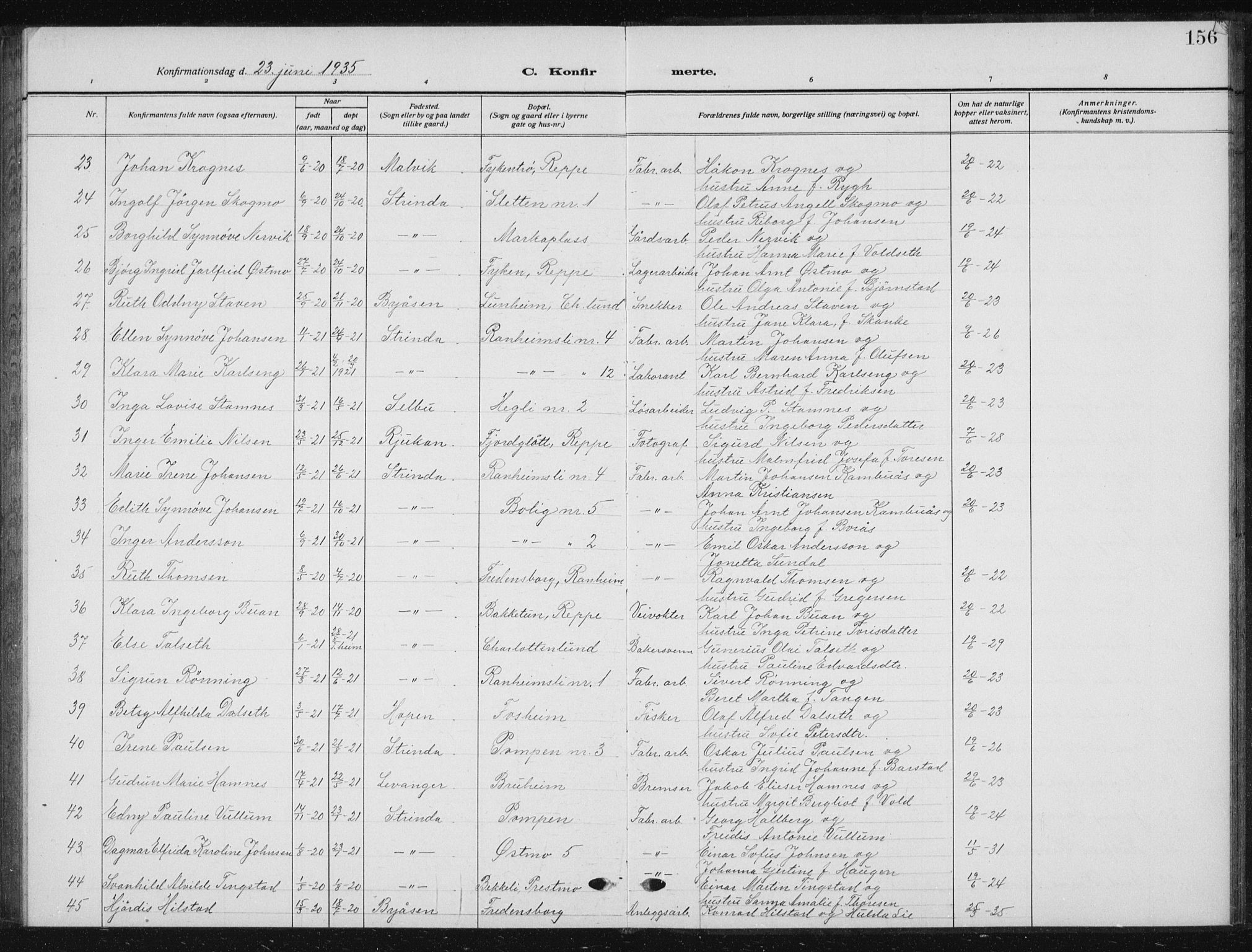 Ministerialprotokoller, klokkerbøker og fødselsregistre - Sør-Trøndelag, SAT/A-1456/615/L0401: Parish register (copy) no. 615C02, 1922-1941, p. 156