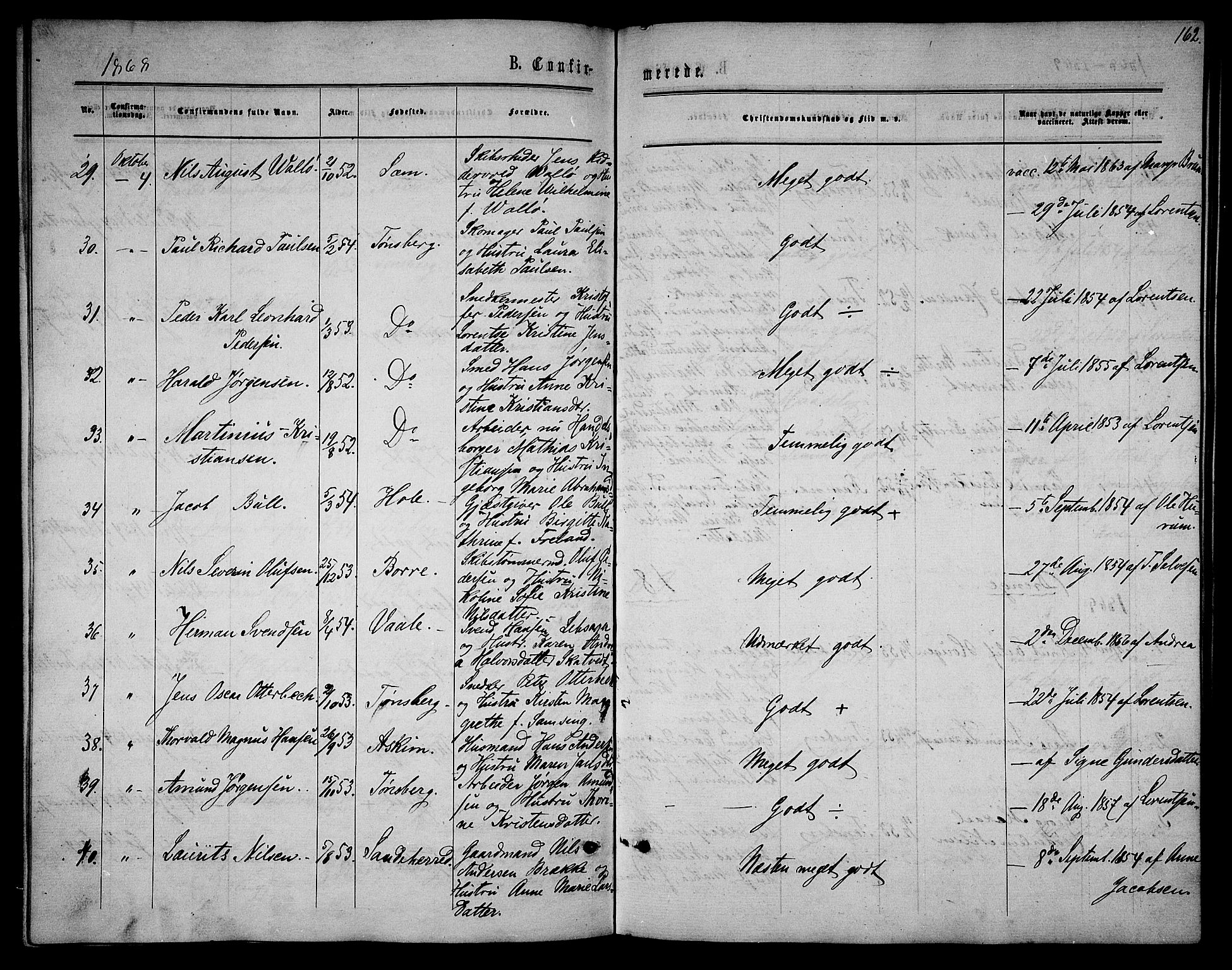 Tønsberg kirkebøker, AV/SAKO-A-330/G/Ga/L0004: Parish register (copy) no. 4, 1865-1874, p. 162