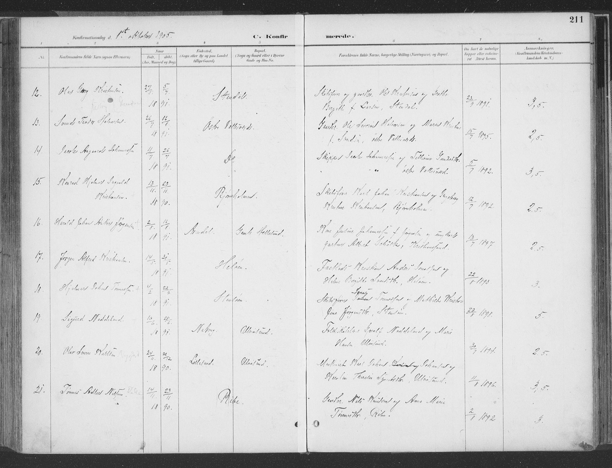 Høvåg sokneprestkontor, AV/SAK-1111-0025/F/Fa/L0006: Parish register (official) no. A 6, 1894-1923, p. 211