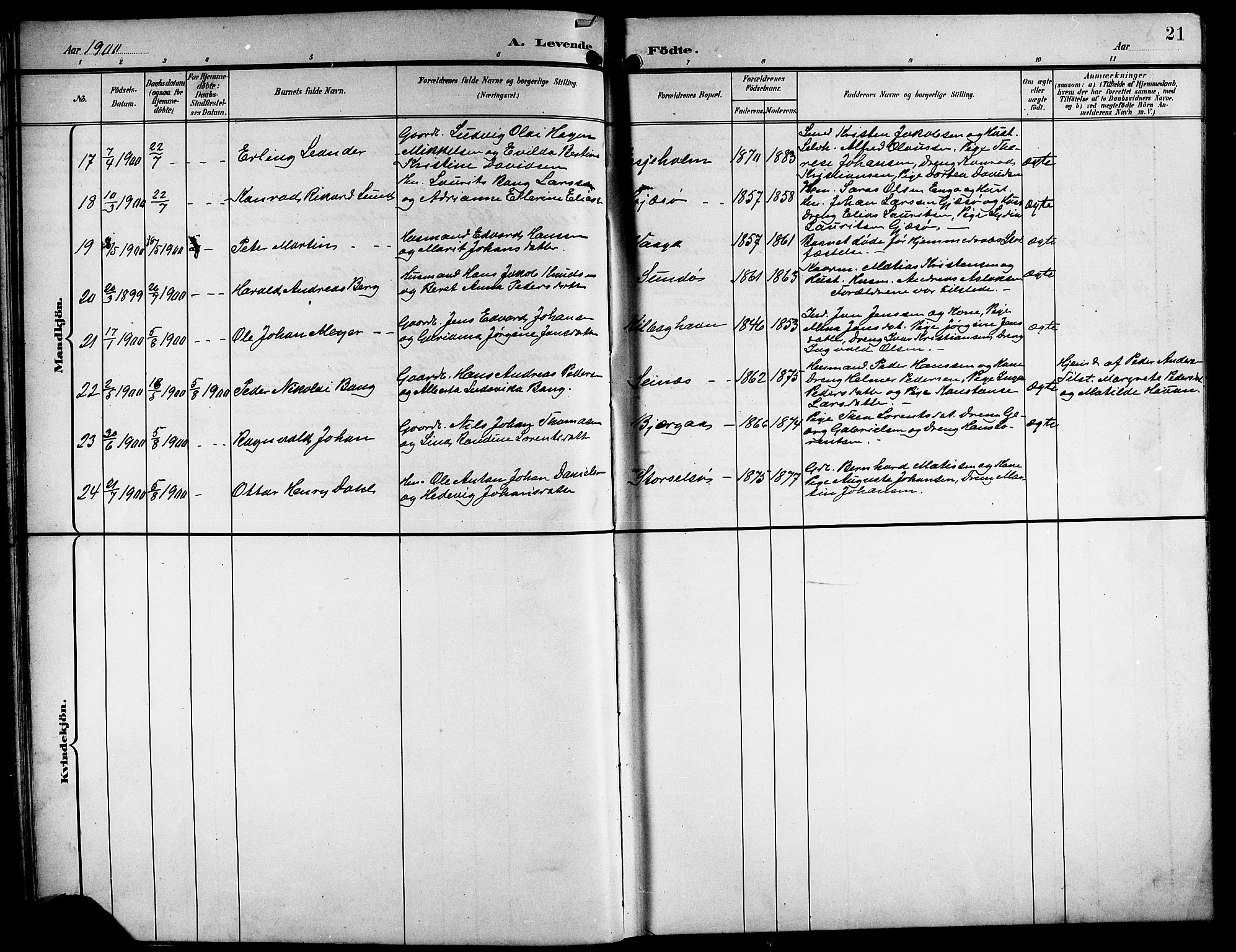 Ministerialprotokoller, klokkerbøker og fødselsregistre - Nordland, AV/SAT-A-1459/841/L0621: Parish register (copy) no. 841C05, 1897-1923, p. 21