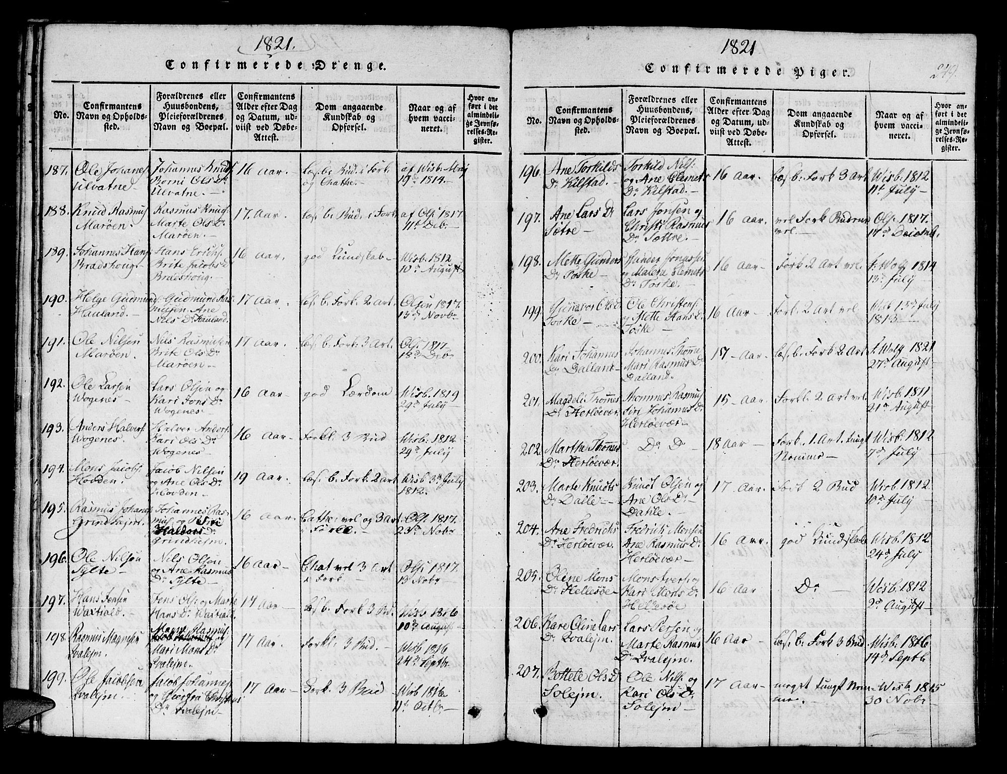 Manger sokneprestembete, AV/SAB-A-76801/H/Haa: Parish register (official) no. A 3, 1816-1824, p. 249