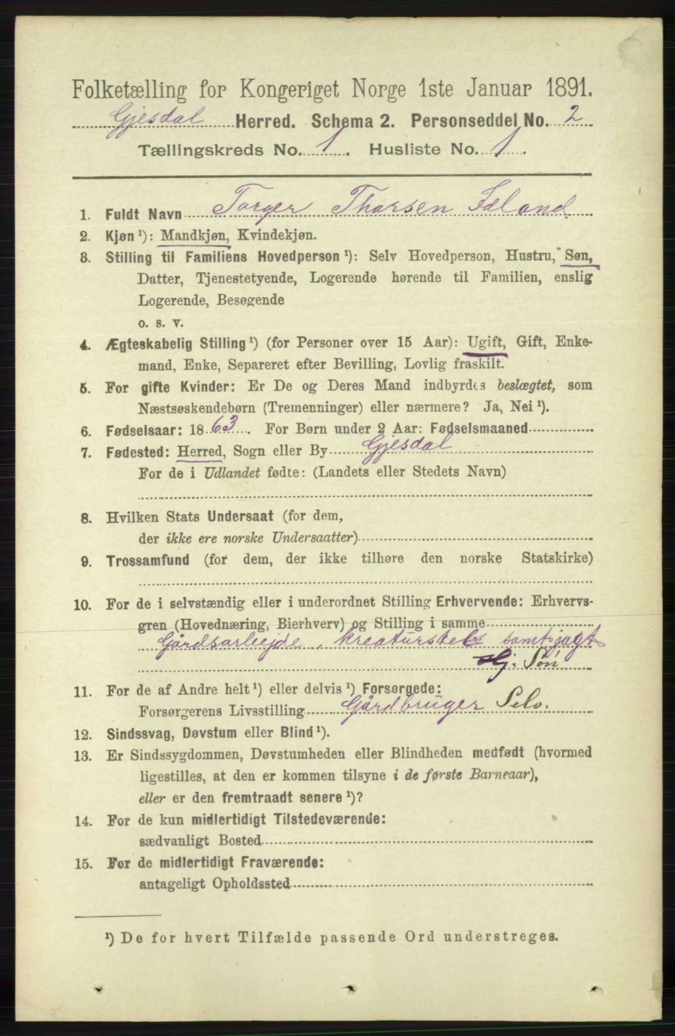 RA, 1891 census for 1122 Gjesdal, 1891, p. 61