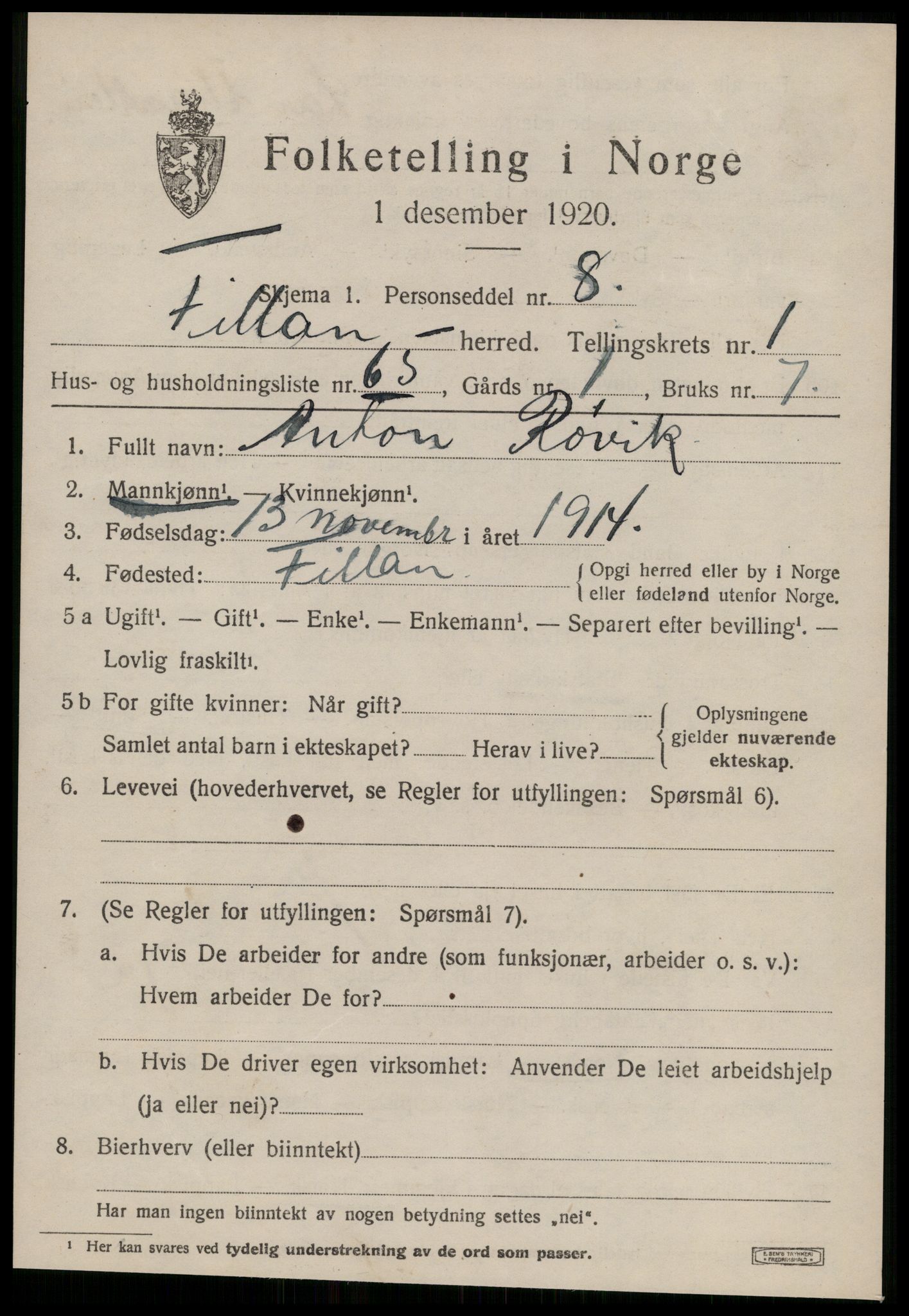 SAT, 1920 census for Fillan, 1920, p. 1320