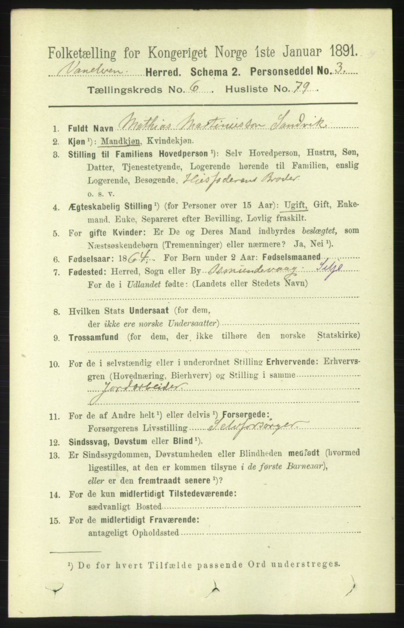 RA, 1891 census for 1511 Vanylven, 1891, p. 3082