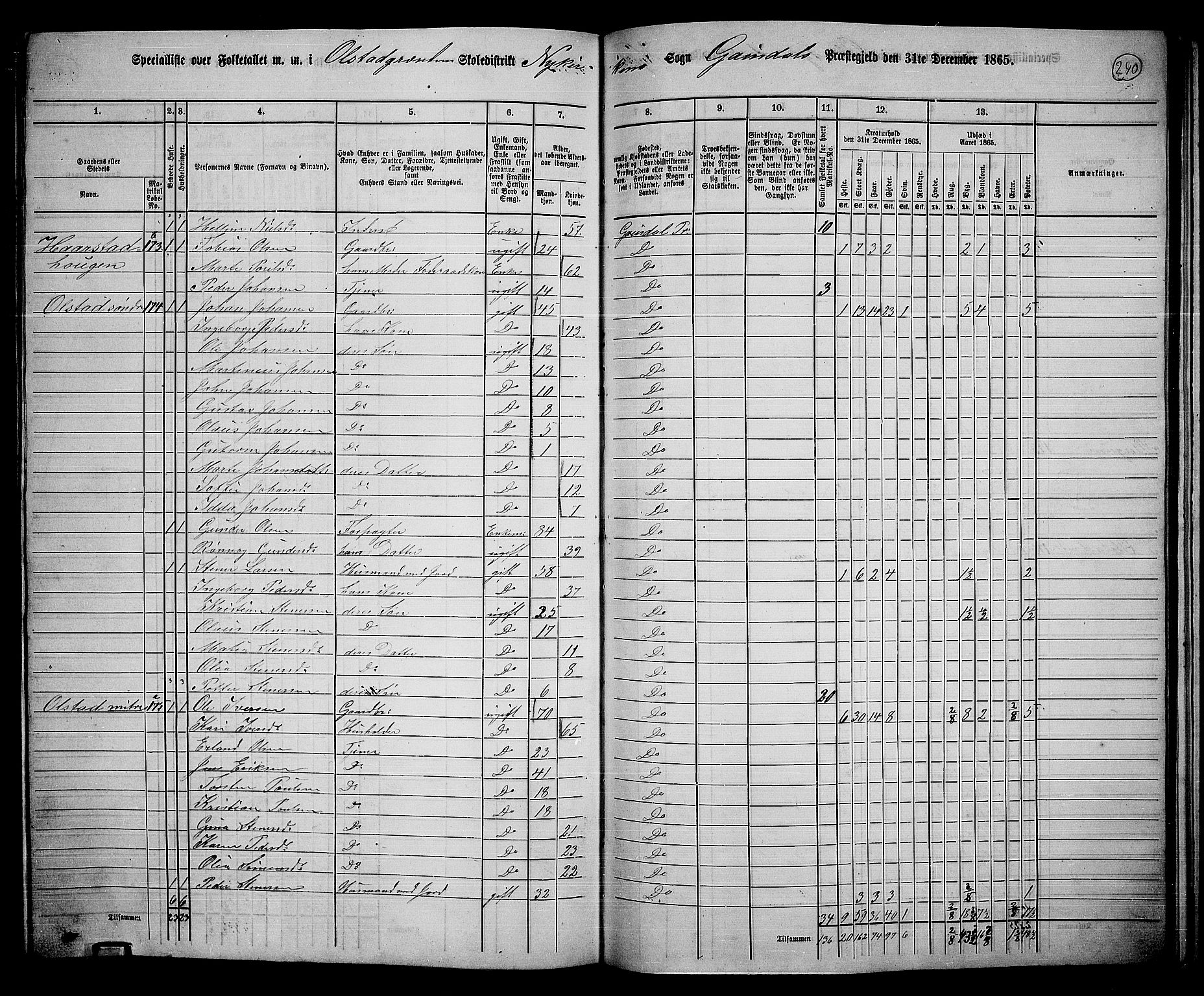 RA, 1865 census for Gausdal, 1865, p. 206