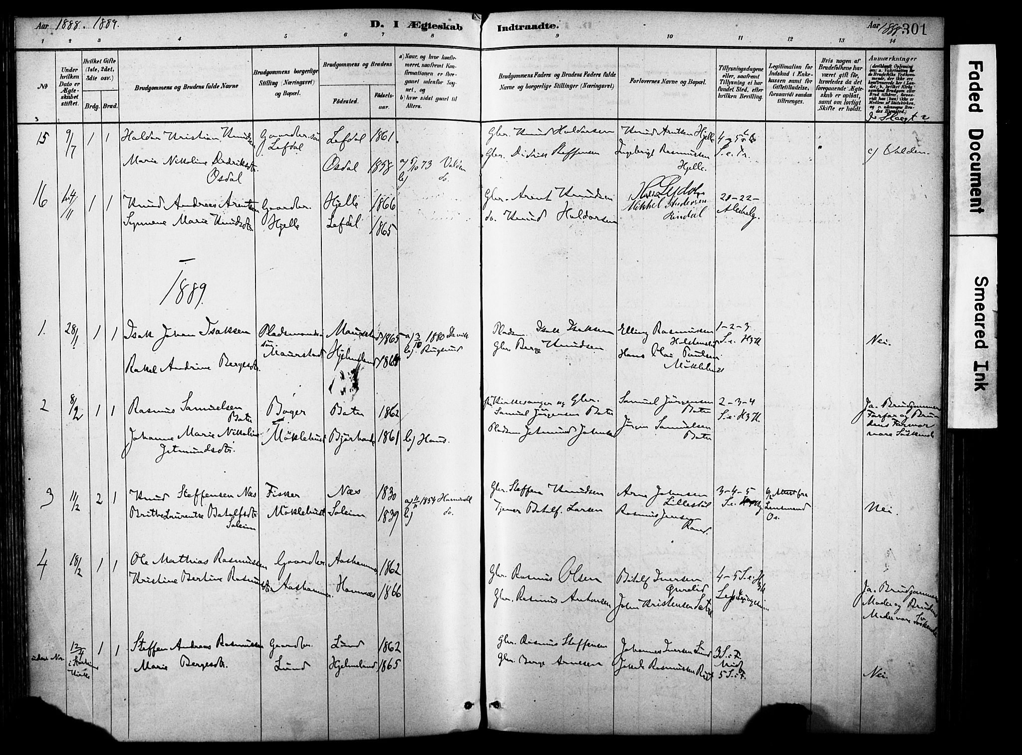 Eid sokneprestembete, SAB/A-82301/H/Haa/Haab/L0001: Parish register (official) no. B 1, 1879-1906, p. 301