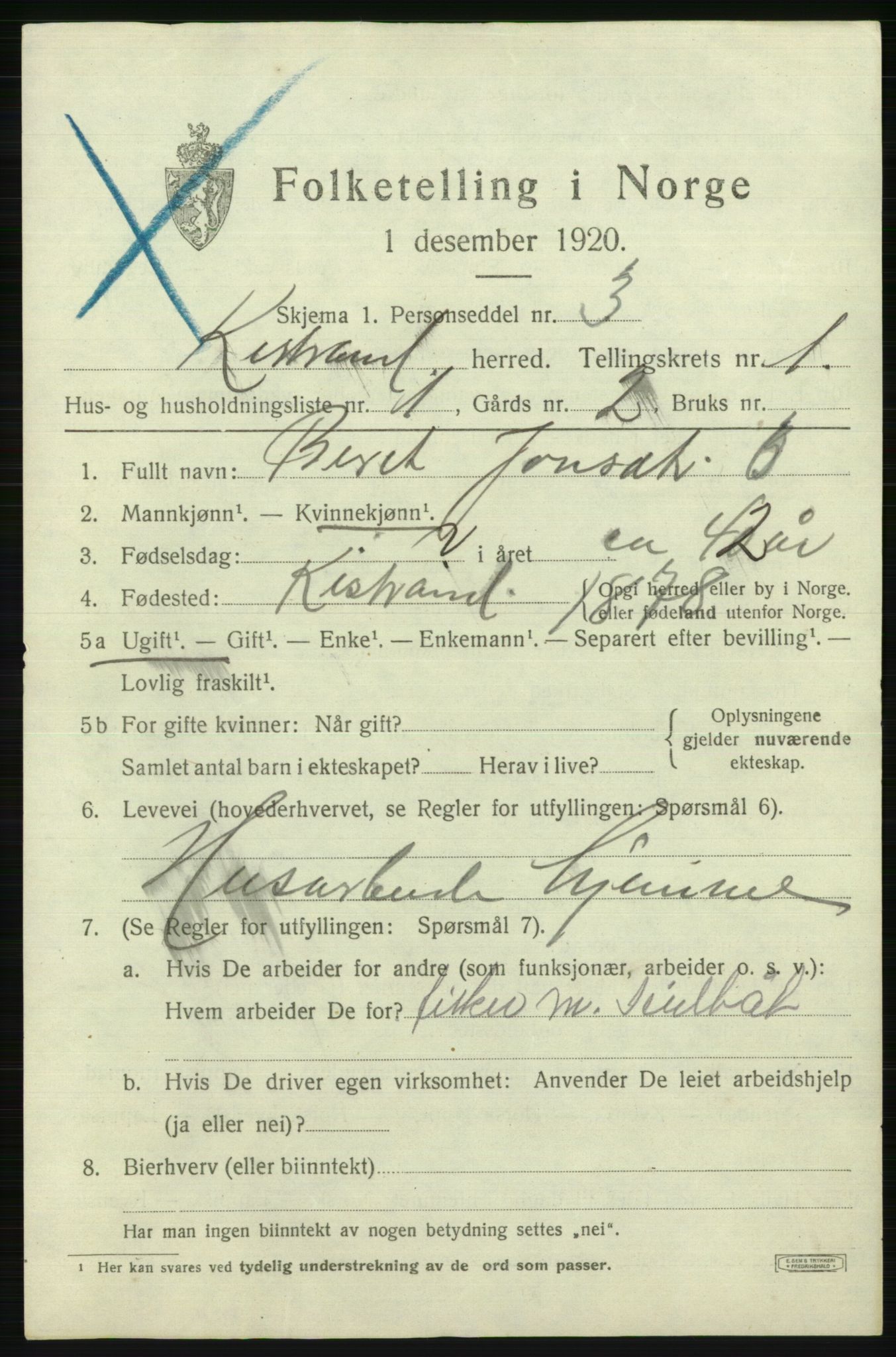 SATØ, 1920 census for Kistrand, 1920, p. 844