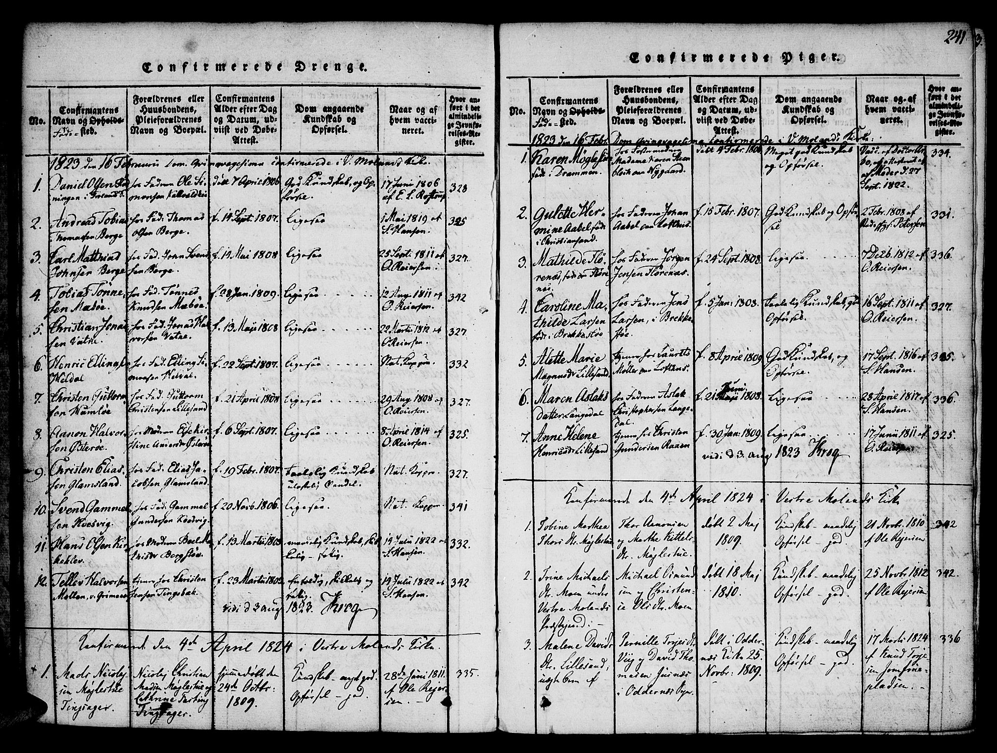 Vestre Moland sokneprestkontor, SAK/1111-0046/F/Fa/Fab/L0003: Parish register (official) no. A 3, 1816-1843, p. 241