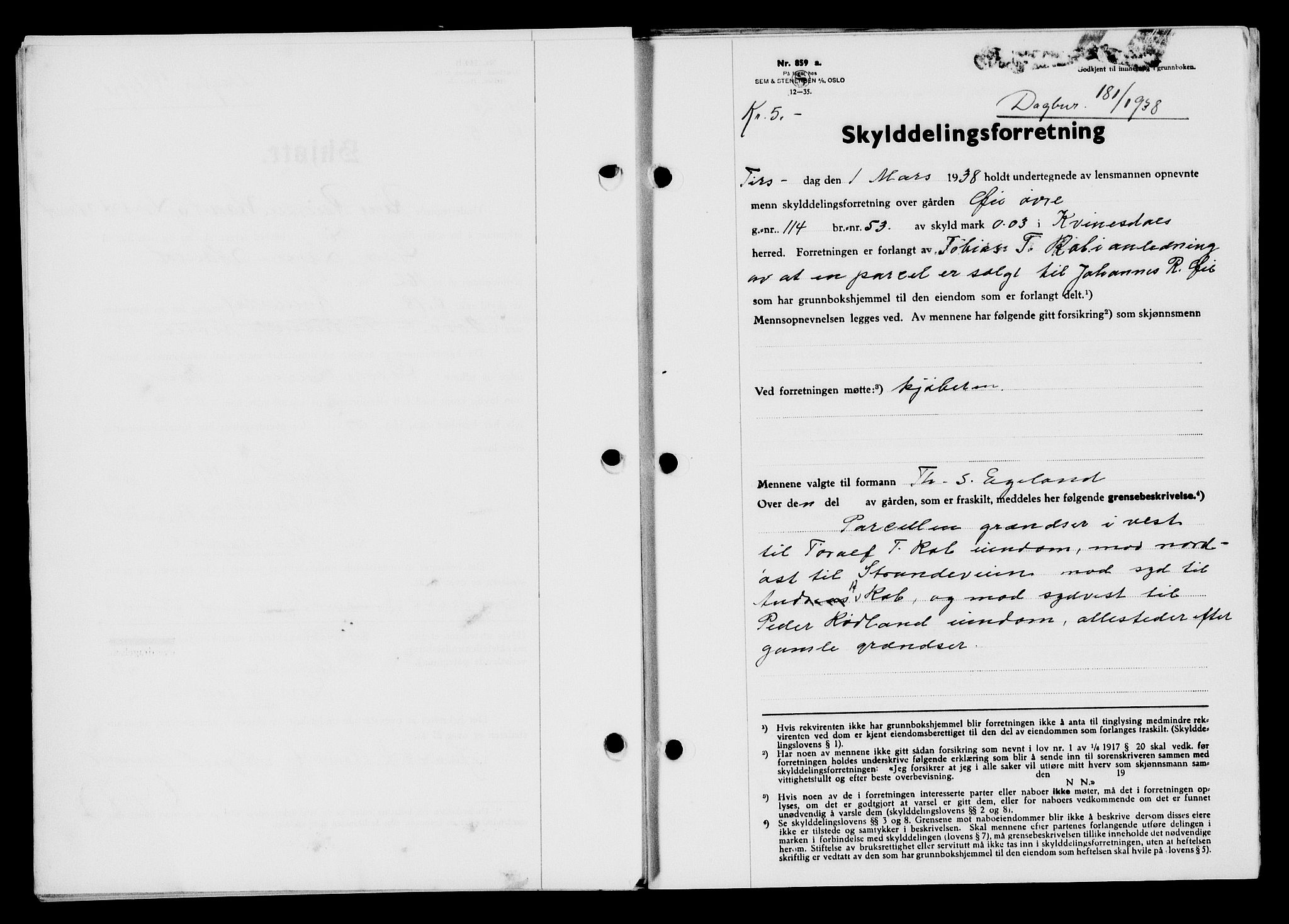 Flekkefjord sorenskriveri, SAK/1221-0001/G/Gb/Gba/L0054: Mortgage book no. A-2, 1937-1938, Diary no: : 181/1938