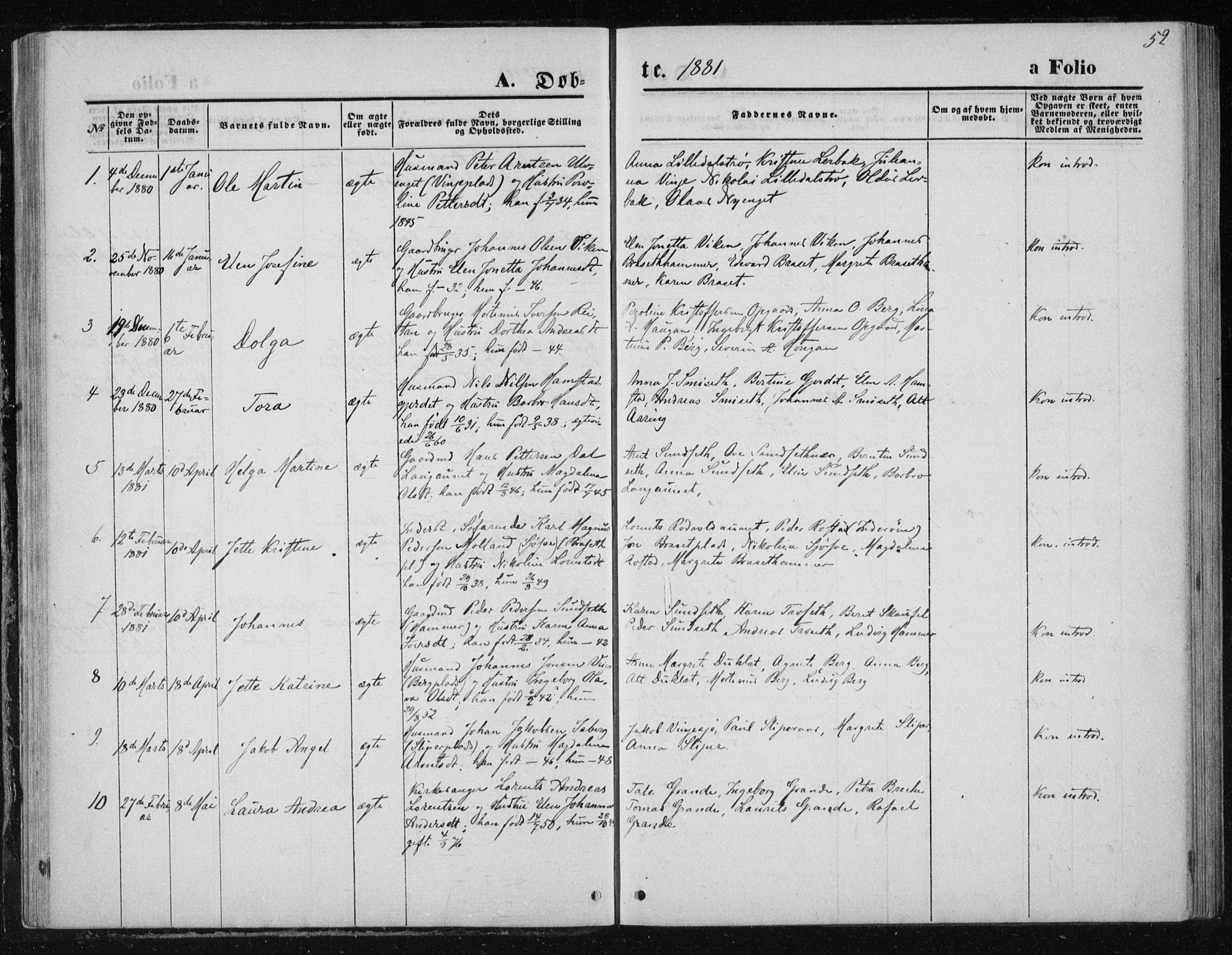 Ministerialprotokoller, klokkerbøker og fødselsregistre - Nord-Trøndelag, SAT/A-1458/733/L0324: Parish register (official) no. 733A03, 1870-1883, p. 52