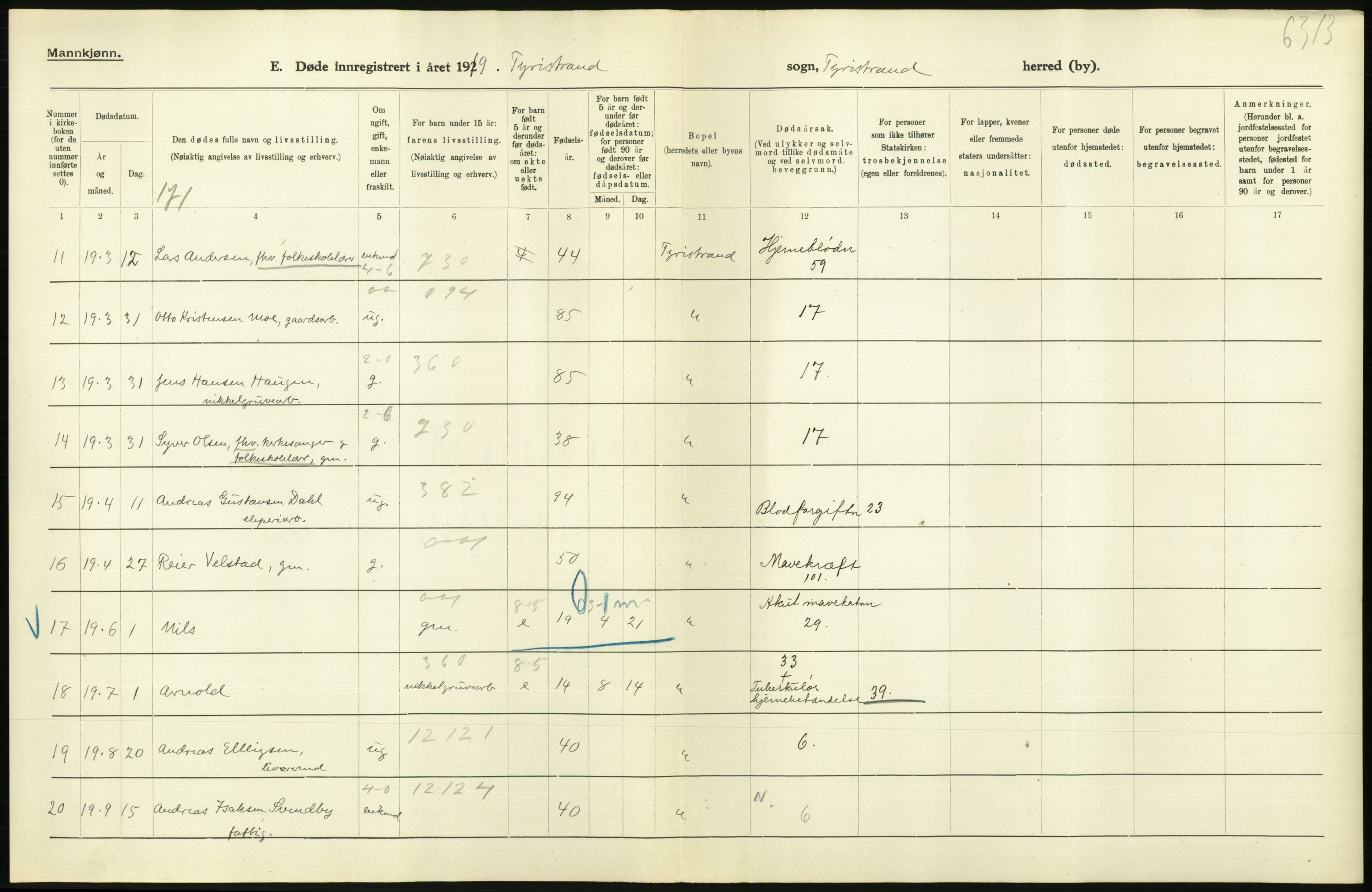 Statistisk sentralbyrå, Sosiodemografiske emner, Befolkning, RA/S-2228/D/Df/Dfb/Dfbi/L0018: Buskerud fylke: Døde. Bygder og byer., 1919, p. 180