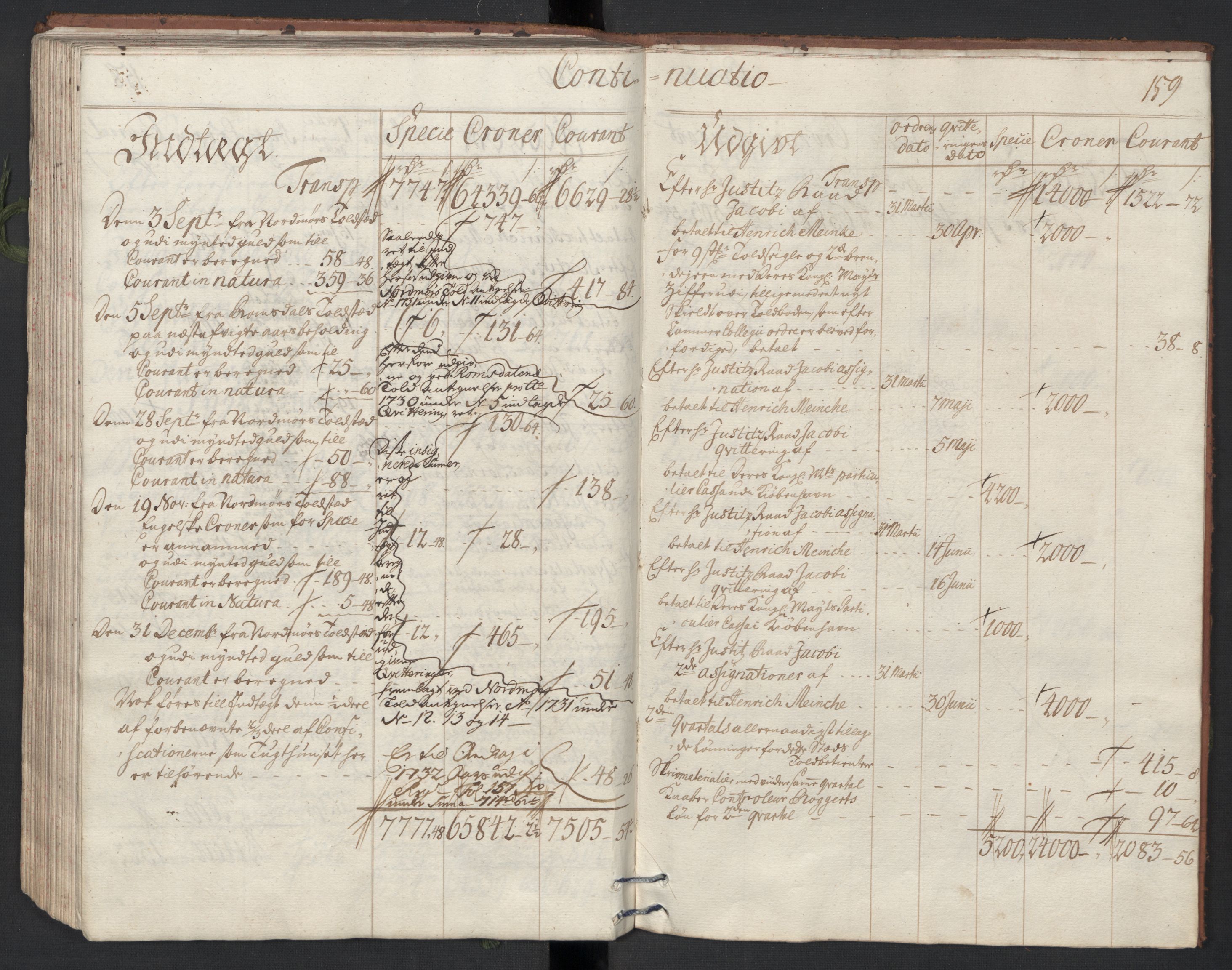 Generaltollkammeret, tollregnskaper, AV/RA-EA-5490/R33/L0013/0002: Tollregnskaper Trondheim A / Utgående tollbok, 1731, p. 158b-159a