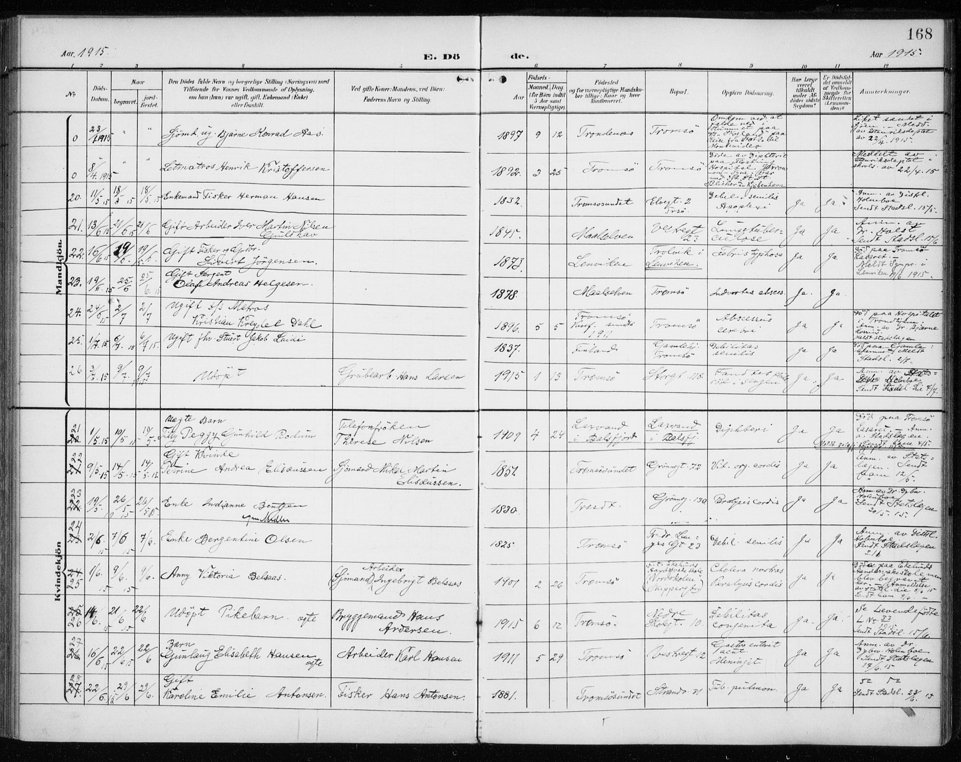 Tromsø sokneprestkontor/stiftsprosti/domprosti, AV/SATØ-S-1343/G/Ga/L0018kirke: Parish register (official) no. 18, 1907-1917, p. 168