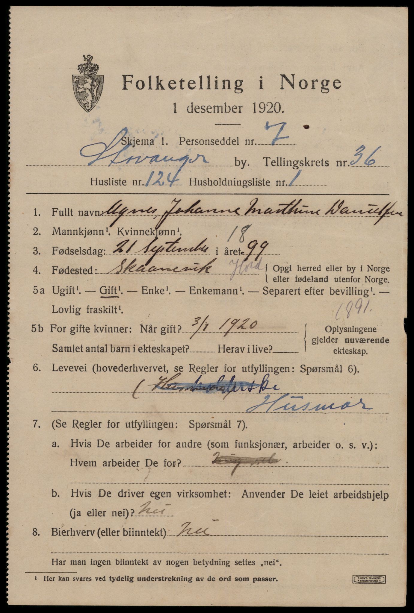 SAST, 1920 census for Stavanger, 1920, p. 97254