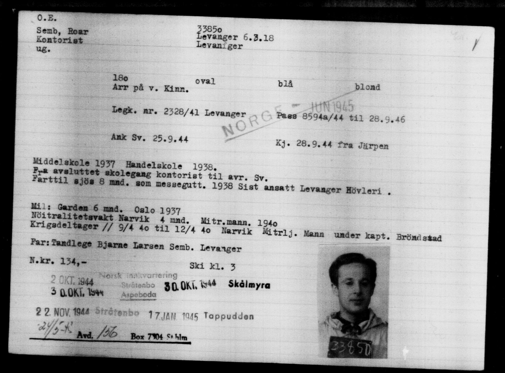 Utenriksstasjonene, Legasjonen i Stockholm, Flyktningkontoret, AV/RA-S-6753/V/Va/L0013: Kjesäterkartoteket, flyktninger med registreringsnr. 31500-34731, 1940-1945, p. 2483
