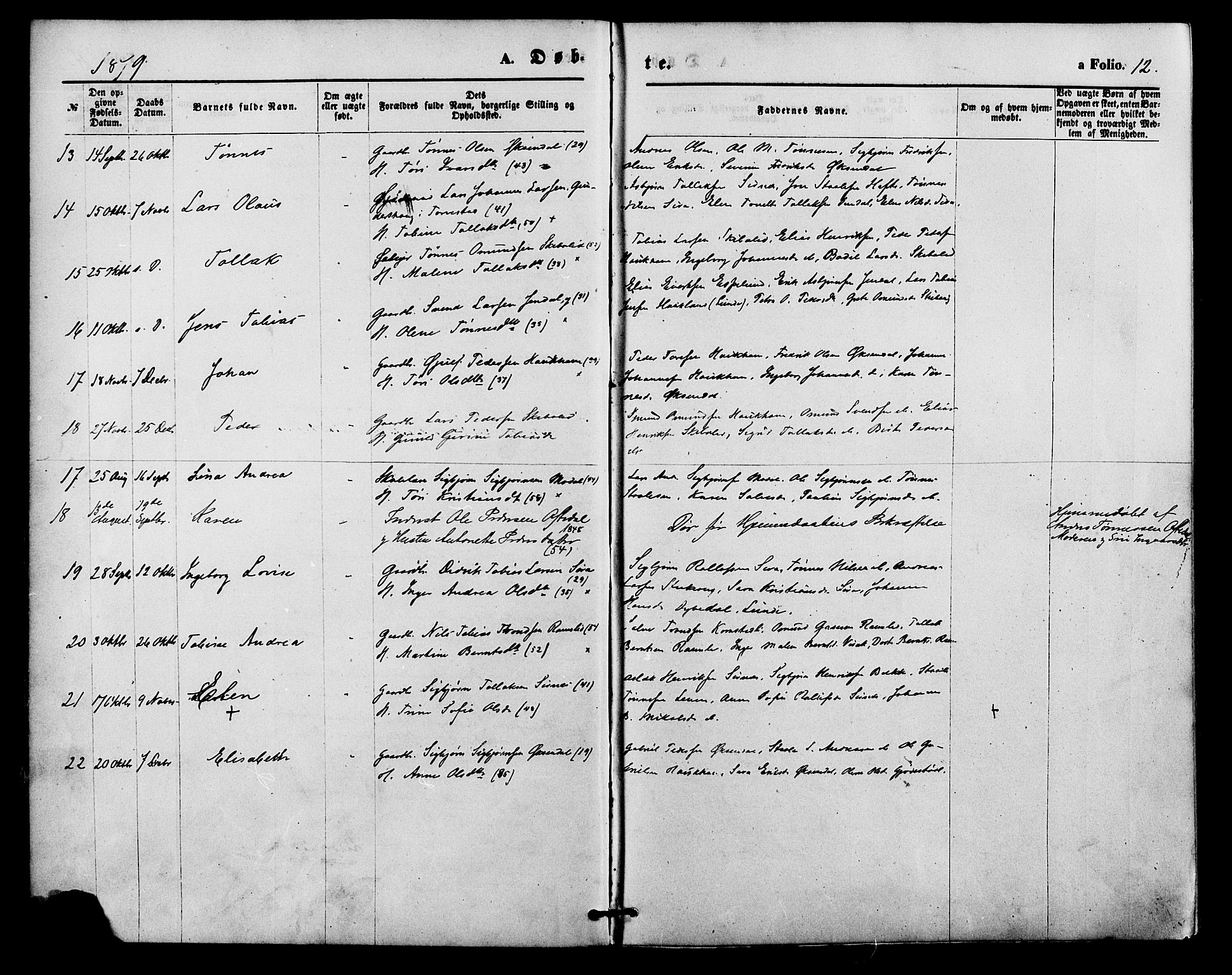 Bakke sokneprestkontor, AV/SAK-1111-0002/F/Fa/Faa/L0007: Parish register (official) no. A 7, 1877-1886, p. 12