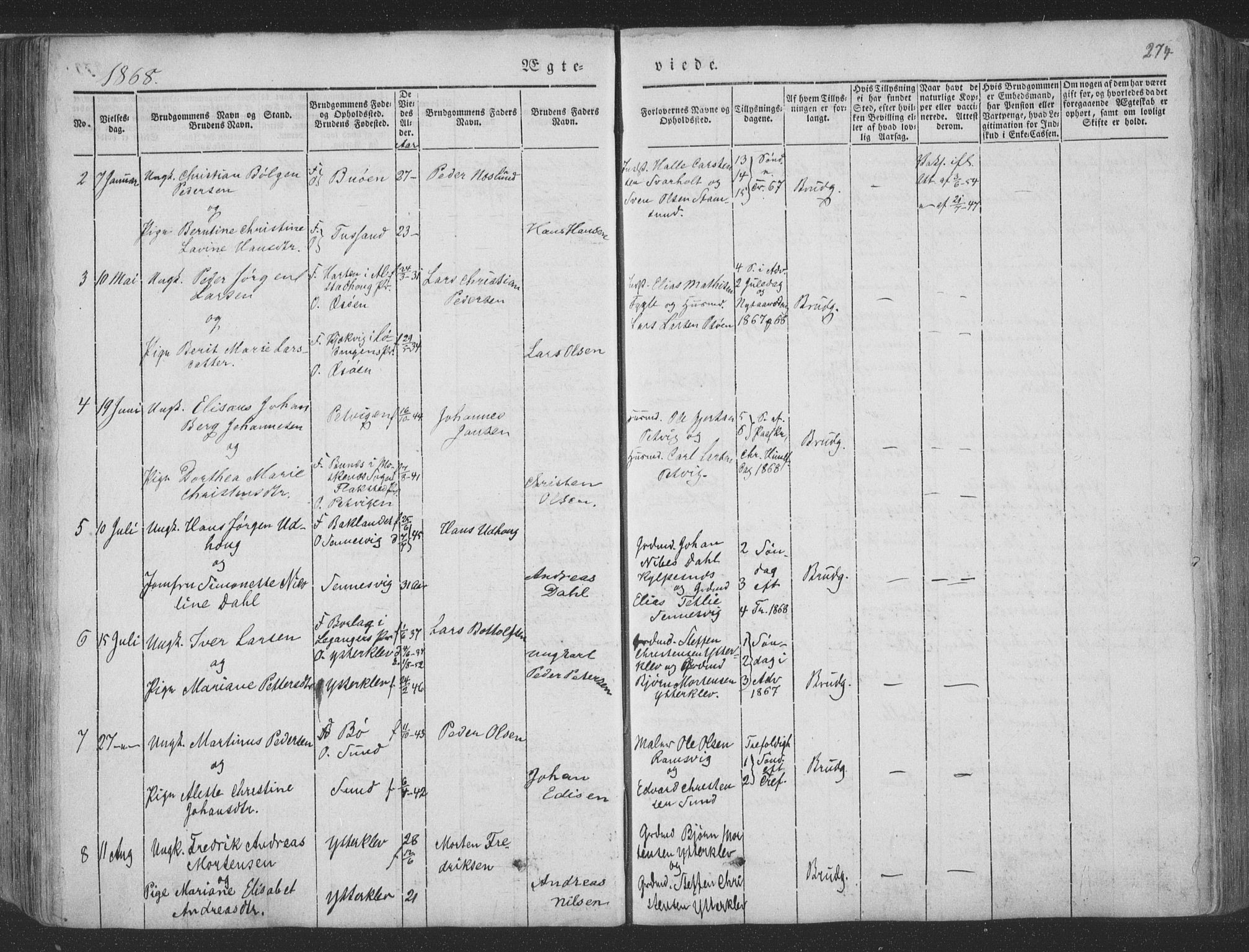 Ministerialprotokoller, klokkerbøker og fødselsregistre - Nordland, AV/SAT-A-1459/881/L1165: Parish register (copy) no. 881C02, 1854-1876, p. 274