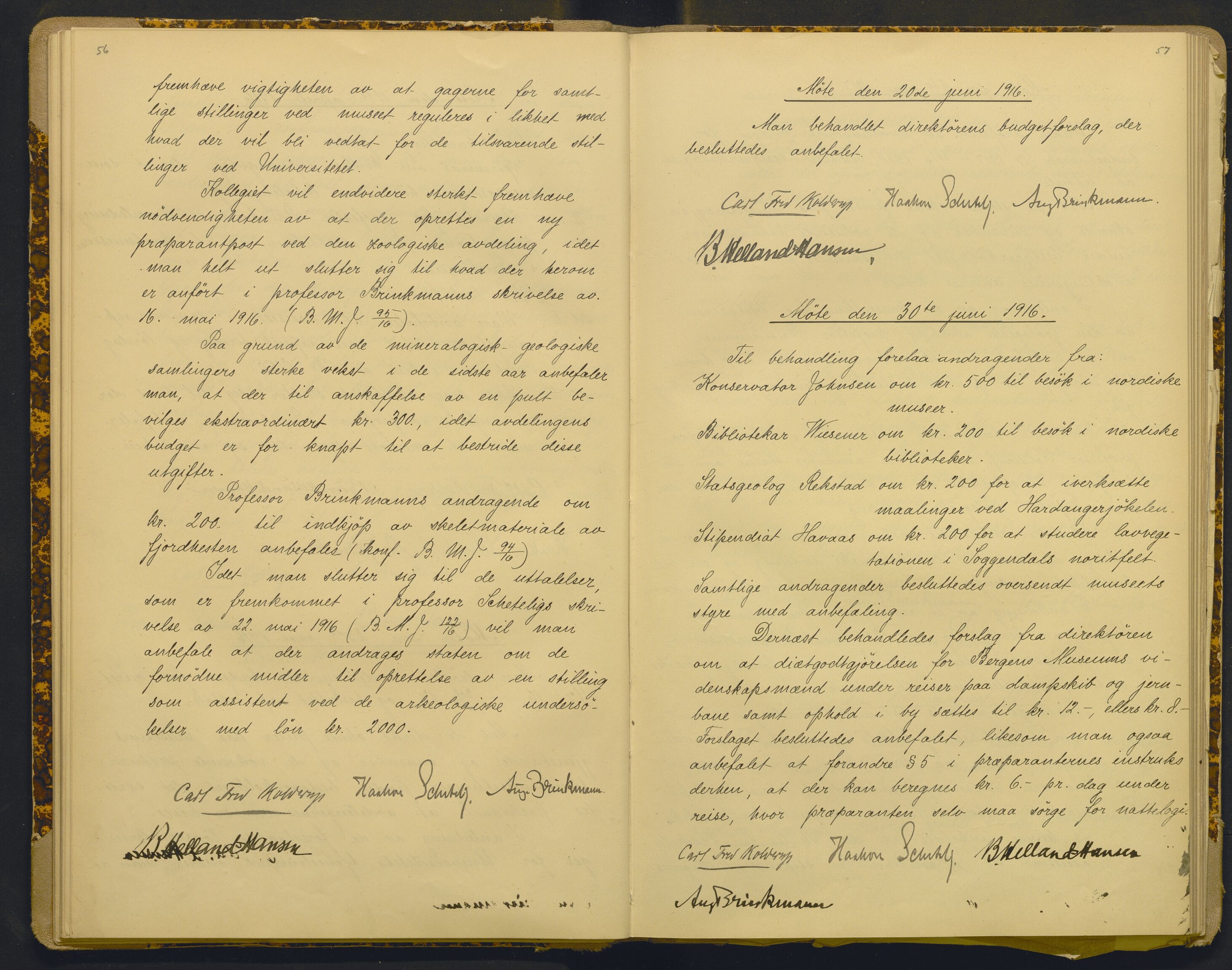 Bergens Museum, AV/SAB-A-17301/18/A/L0001: Bestyrerkollegiets forhandlingsprotokoll med register , 1907-1927, p. 56-57