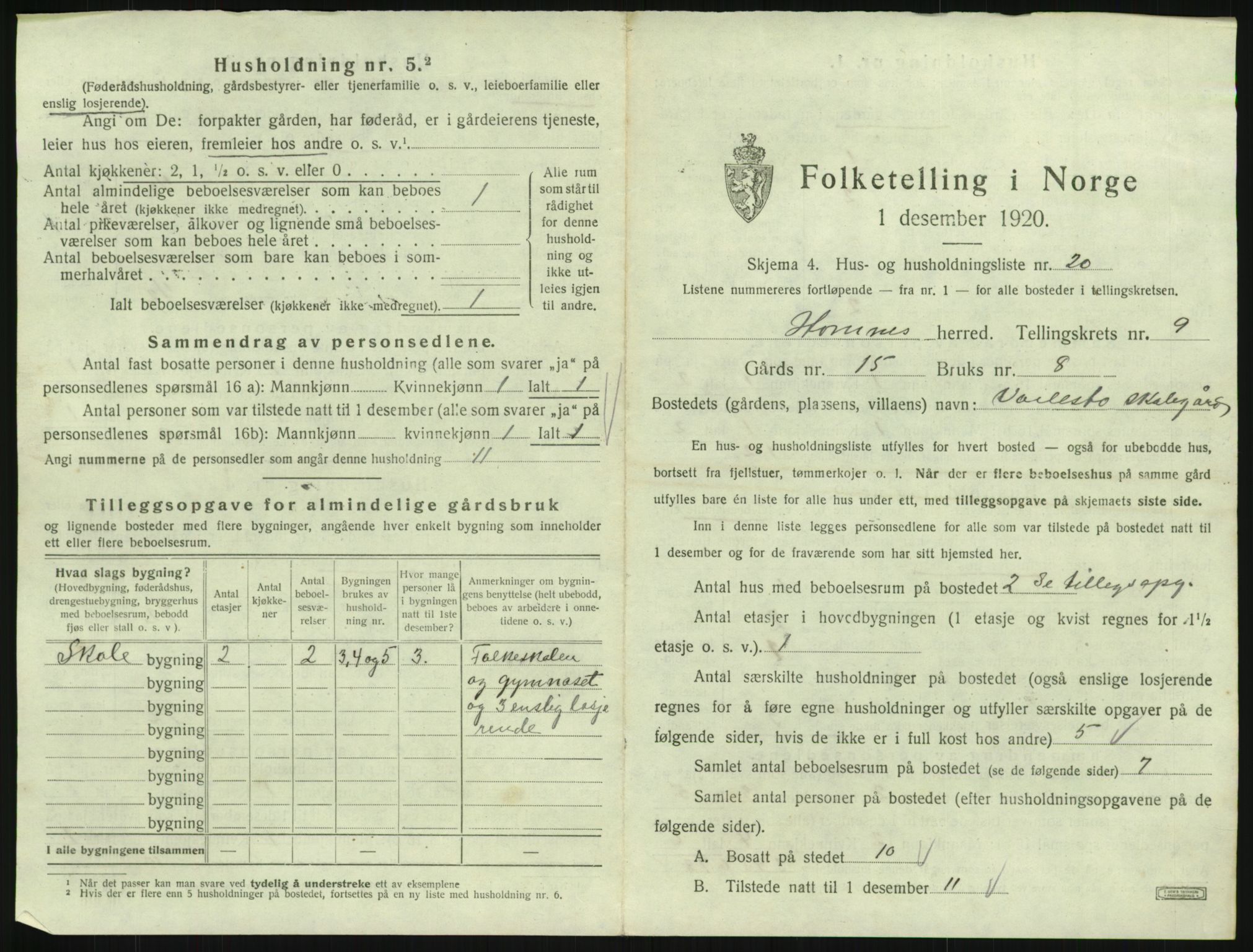 SAK, 1920 census for Hornnes, 1920, p. 389
