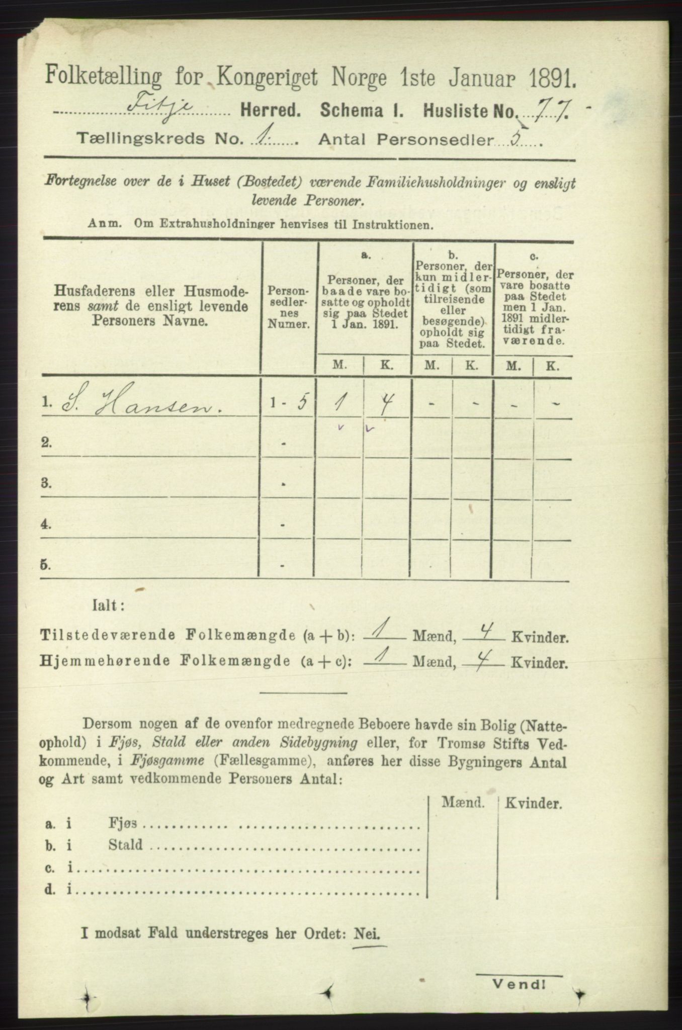 RA, 1891 census for 1222 Fitjar, 1891, p. 96