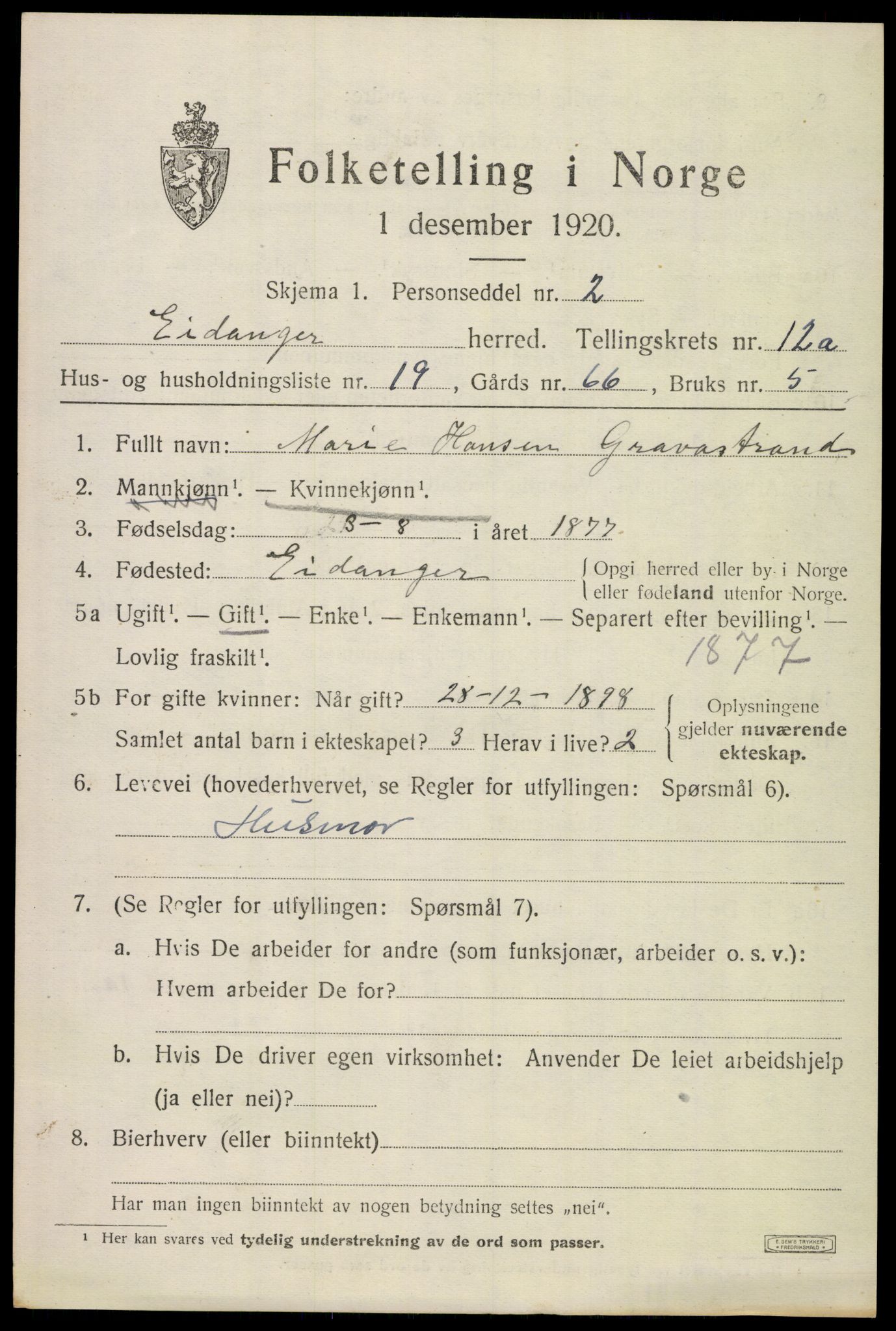 SAKO, 1920 census for Eidanger, 1920, p. 7412