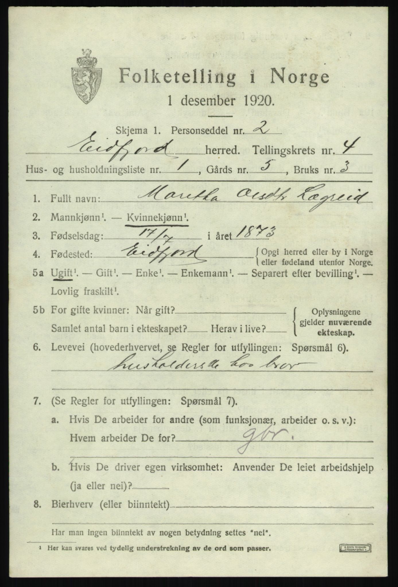 SAB, 1920 census for Eidfjord, 1920, p. 1340