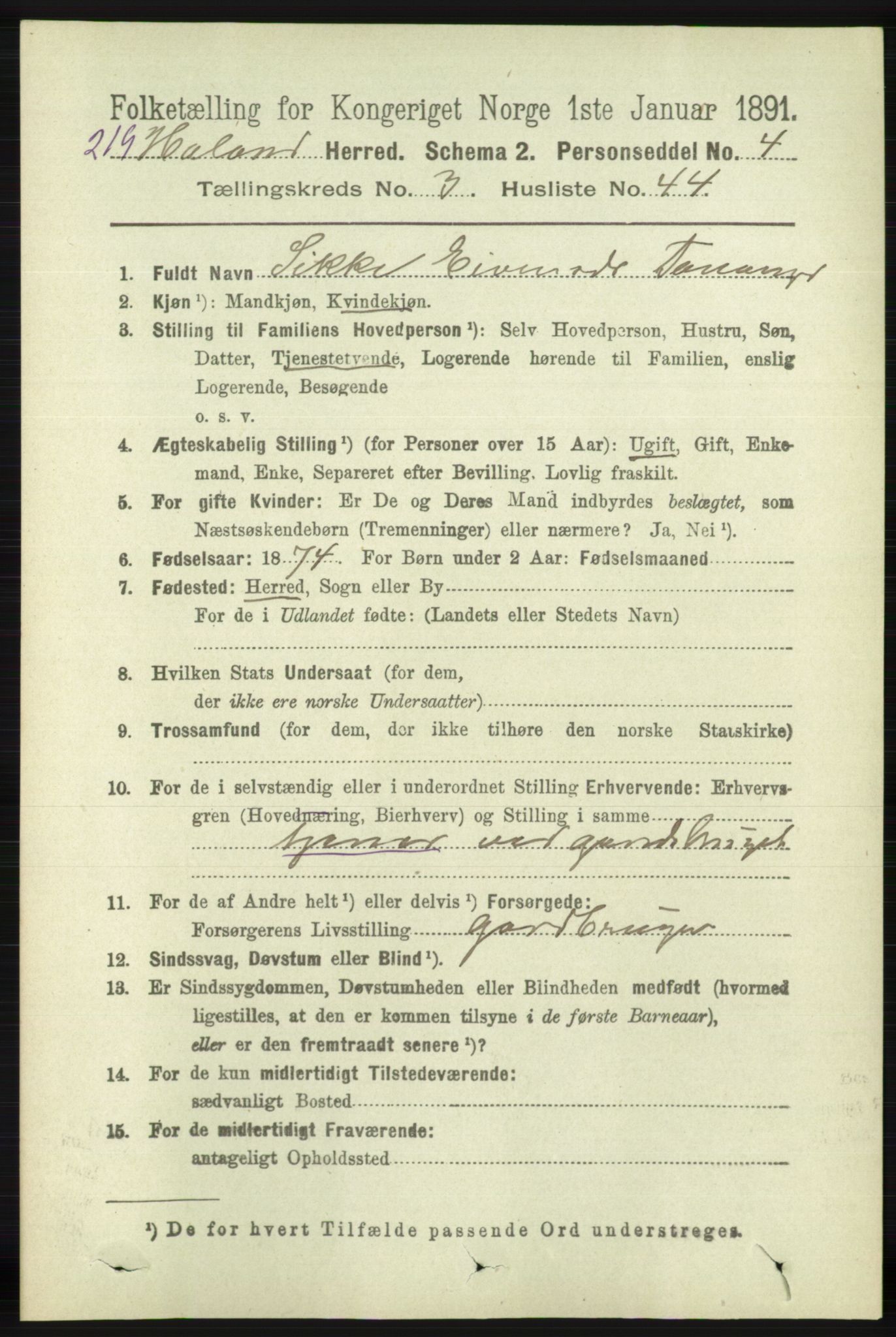 RA, 1891 census for 1124 Haaland, 1891, p. 1976