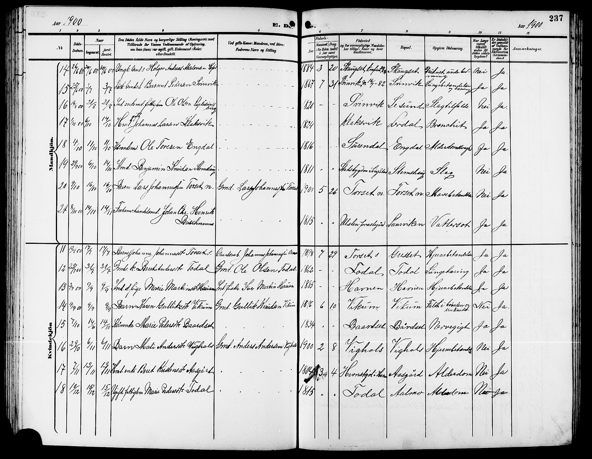 Ministerialprotokoller, klokkerbøker og fødselsregistre - Møre og Romsdal, AV/SAT-A-1454/578/L0910: Parish register (copy) no. 578C03, 1900-1921, p. 237