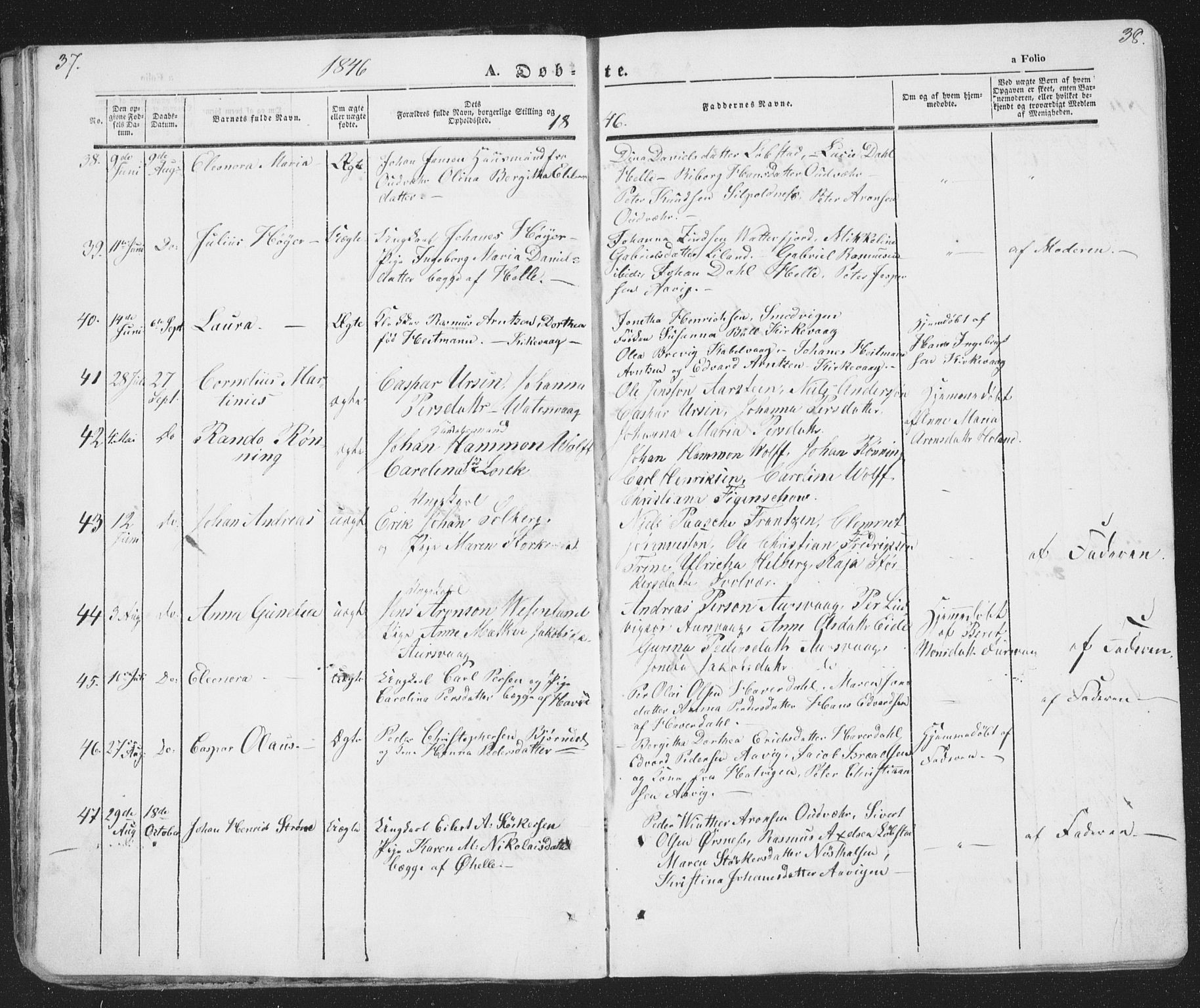 Ministerialprotokoller, klokkerbøker og fødselsregistre - Nordland, SAT/A-1459/874/L1072: Parish register (copy) no. 874C01, 1843-1859, p. 37-38