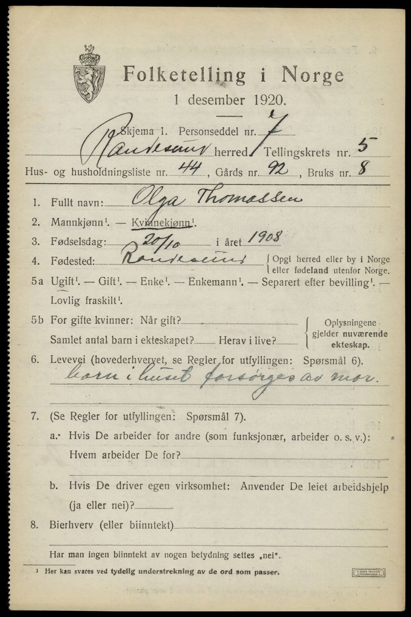SAK, 1920 census for Randesund, 1920, p. 2732
