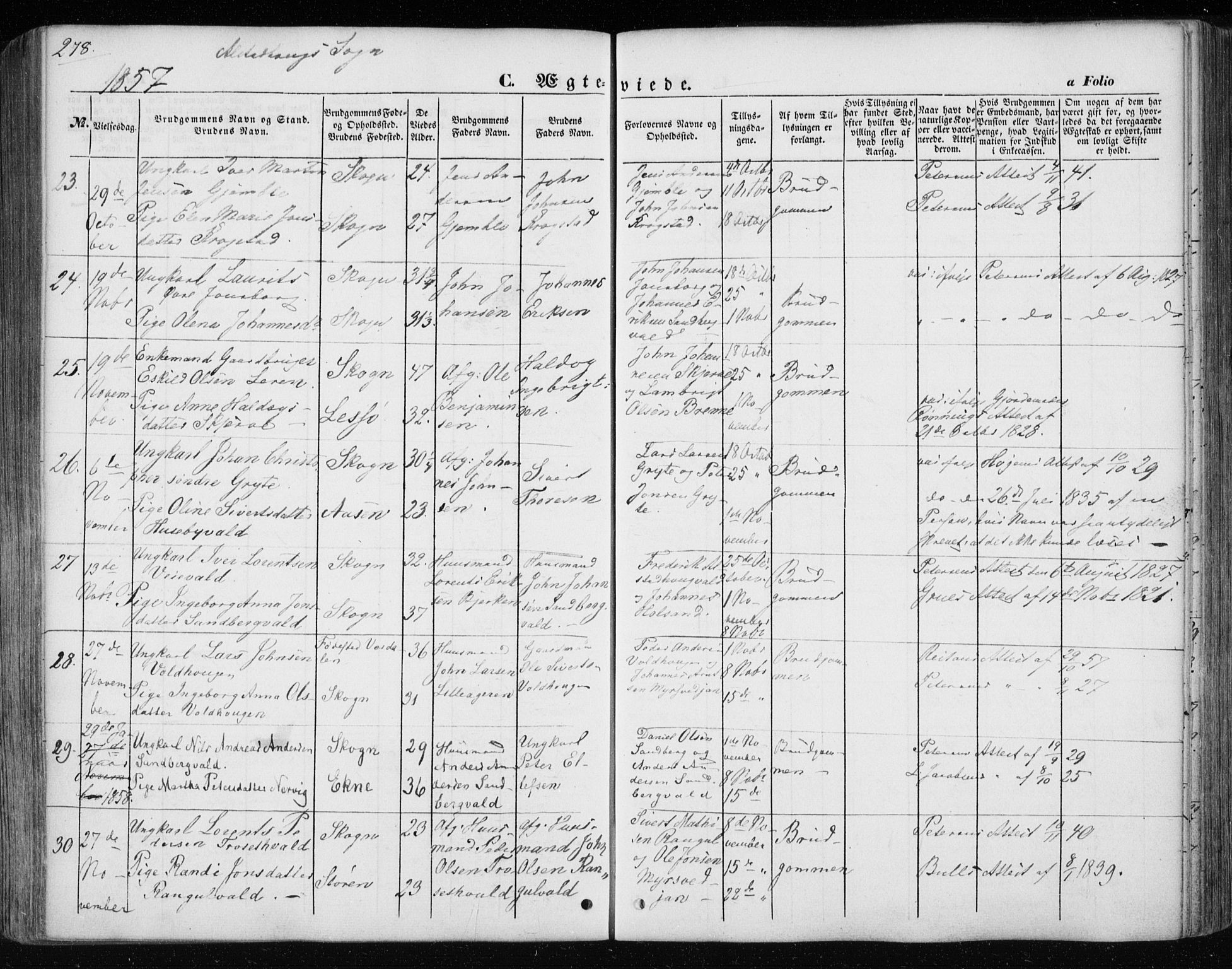 Ministerialprotokoller, klokkerbøker og fødselsregistre - Nord-Trøndelag, SAT/A-1458/717/L0154: Parish register (official) no. 717A07 /1, 1850-1862, p. 278