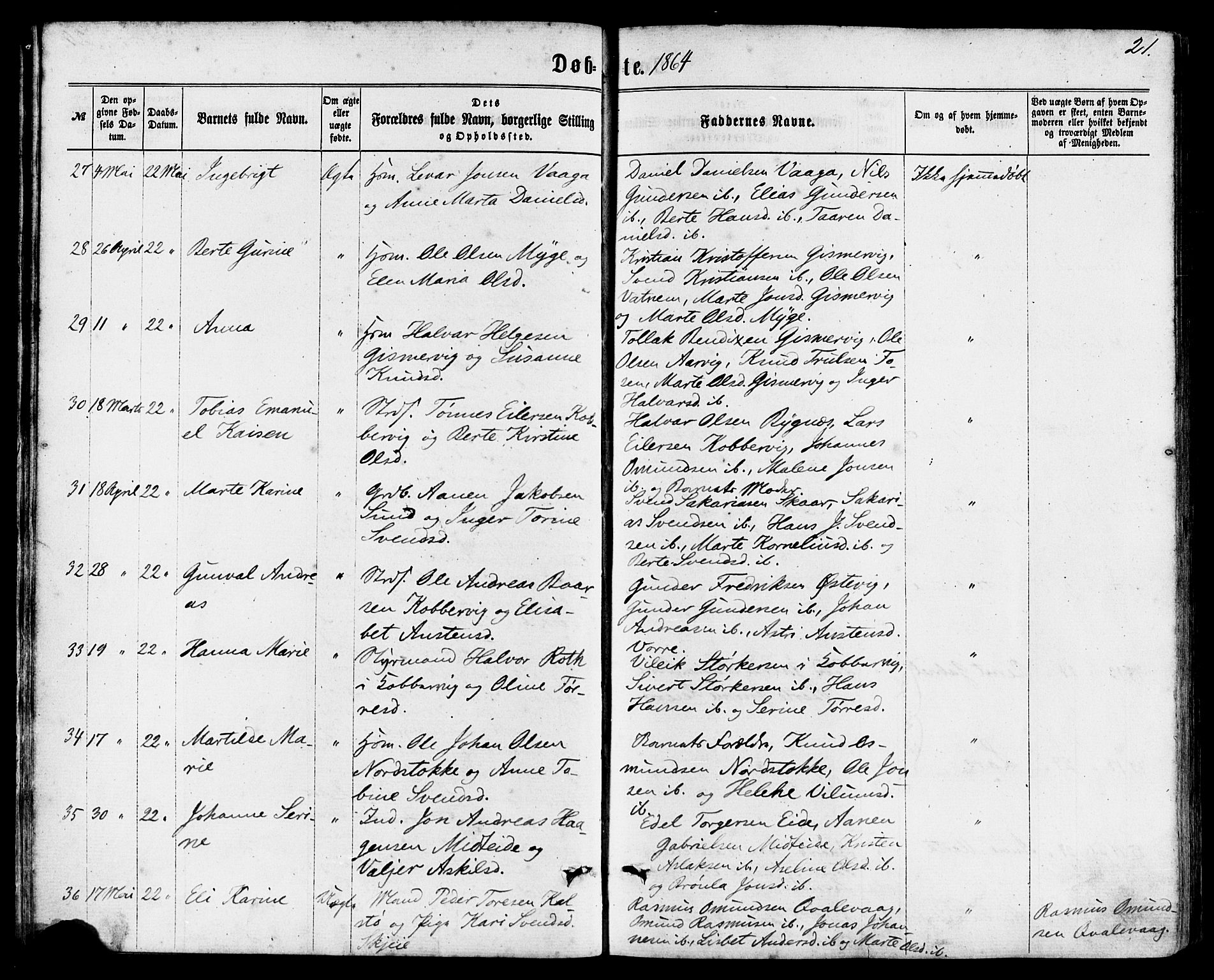 Avaldsnes sokneprestkontor, AV/SAST-A -101851/H/Ha/Haa/L0011: Parish register (official) no. A 11, 1861-1880, p. 21