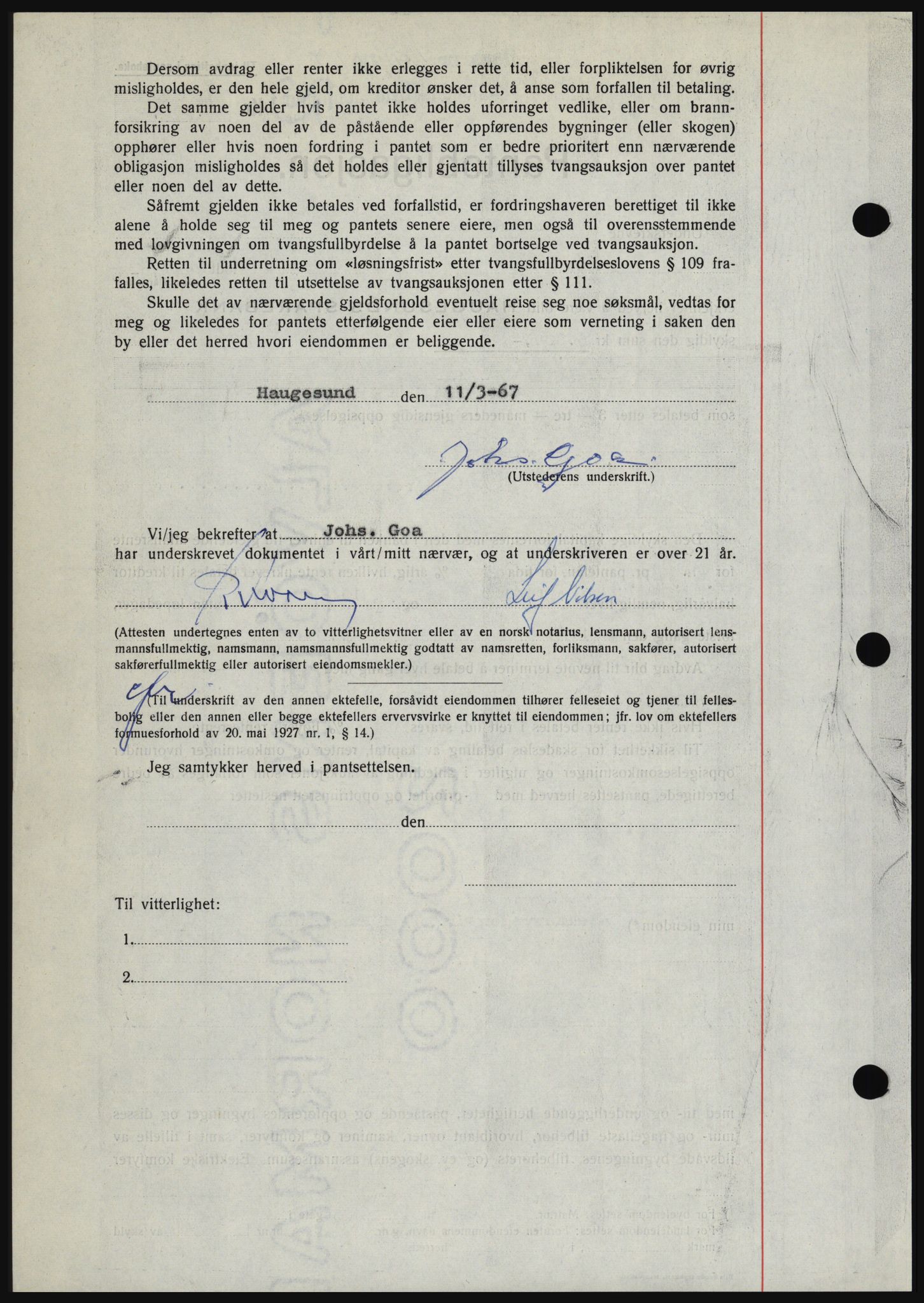 Haugesund tingrett, SAST/A-101415/01/II/IIC/L0056: Mortgage book no. B 56, 1966-1967, Diary no: : 694/1967