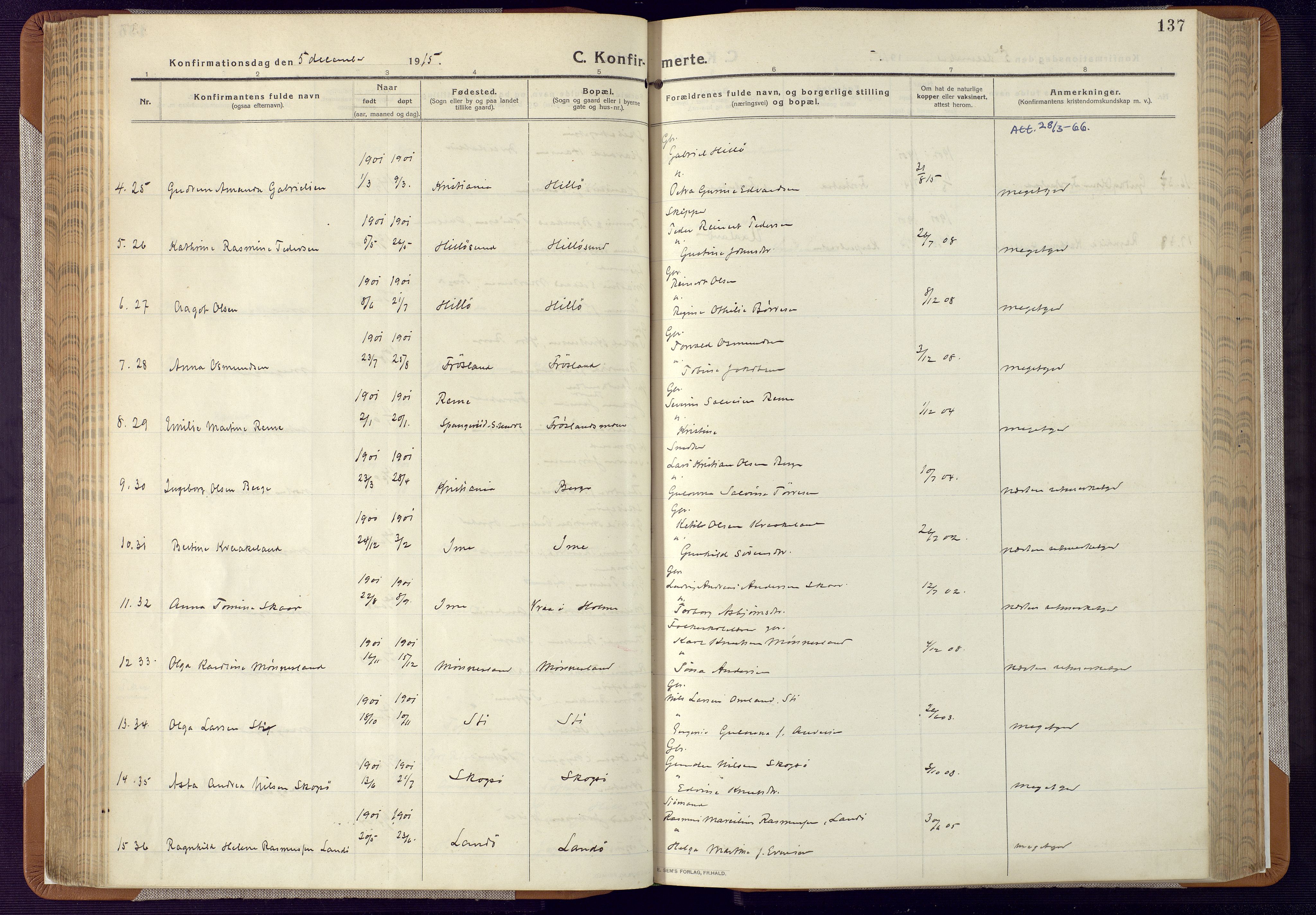 Mandal sokneprestkontor, AV/SAK-1111-0030/F/Fa/Faa/L0022: Parish register (official) no. A 22, 1913-1925, p. 137