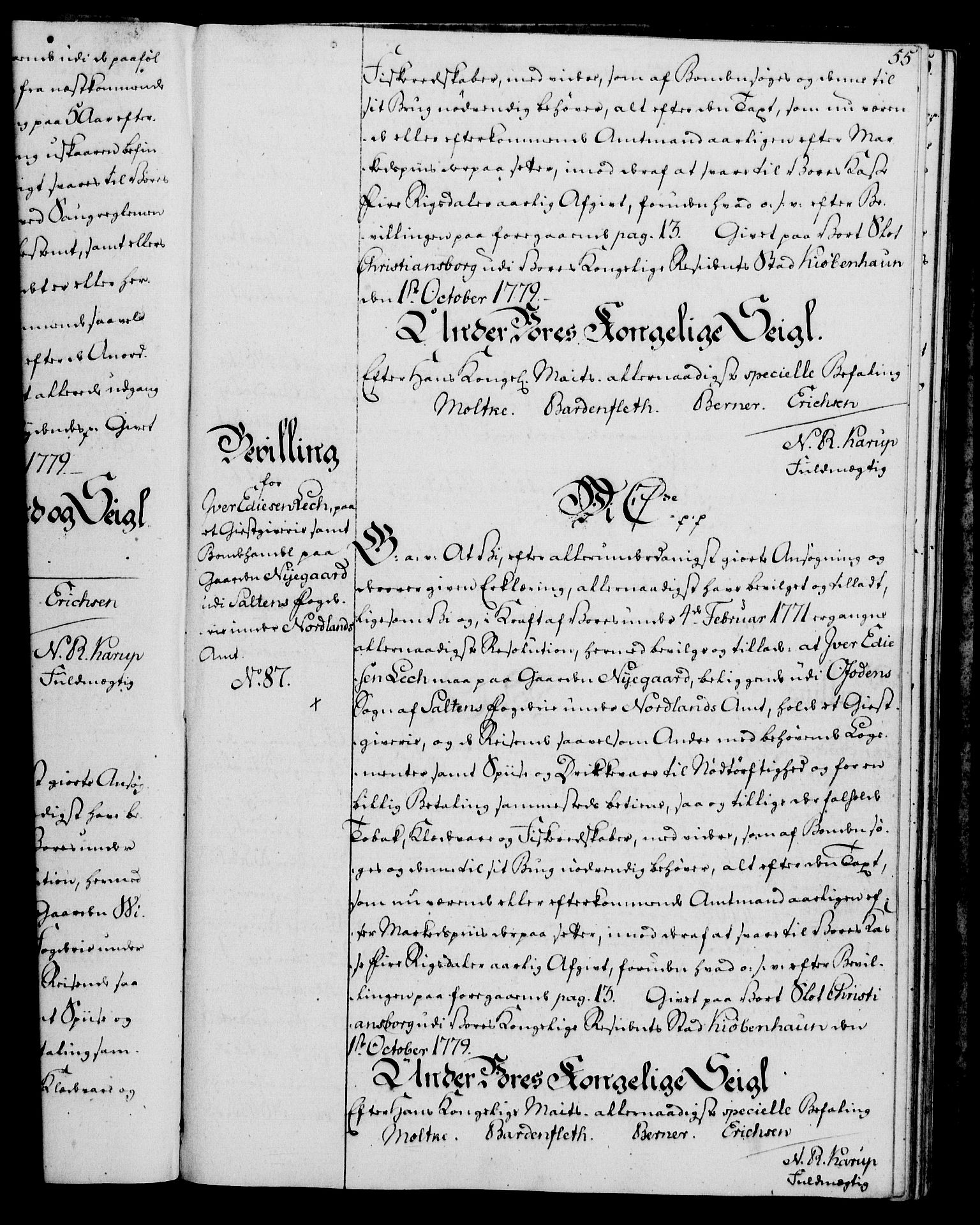 Rentekammeret, Kammerkanselliet, AV/RA-EA-3111/G/Gg/Gga/L0011: Norsk ekspedisjonsprotokoll med register (merket RK 53.11), 1779-1781, p. 55