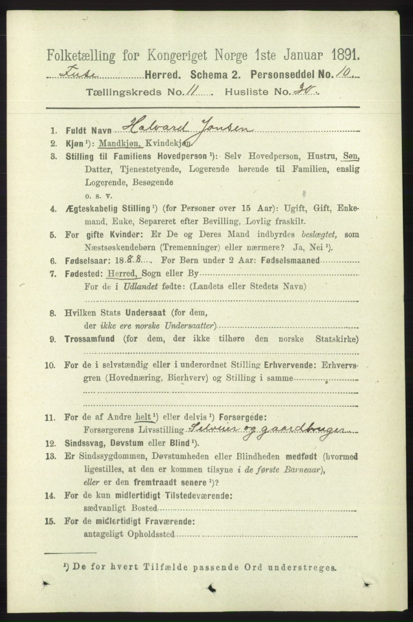 RA, 1891 census for 1241 Fusa, 1891, p. 2291