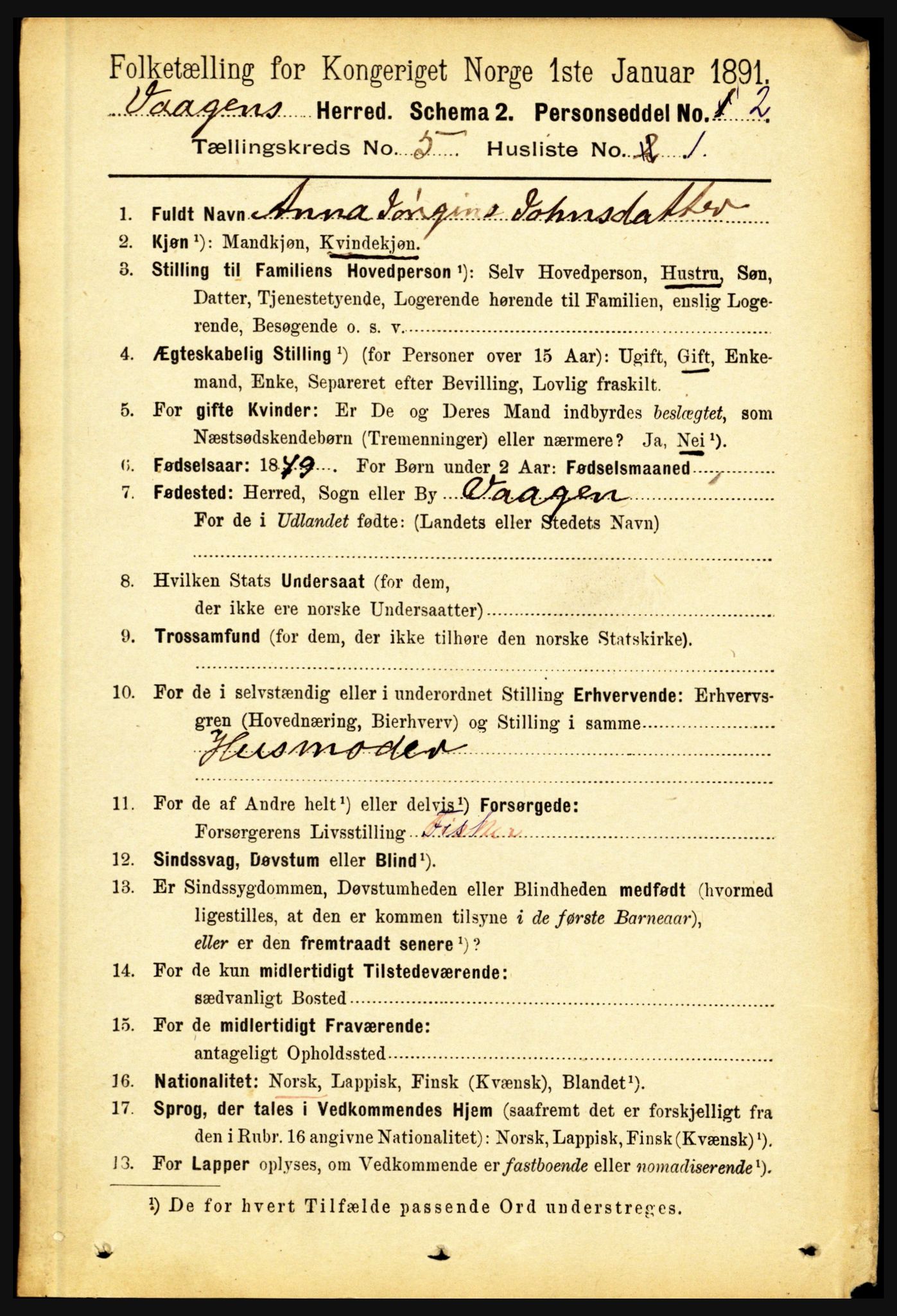 RA, 1891 census for 1865 Vågan, 1891, p. 1574