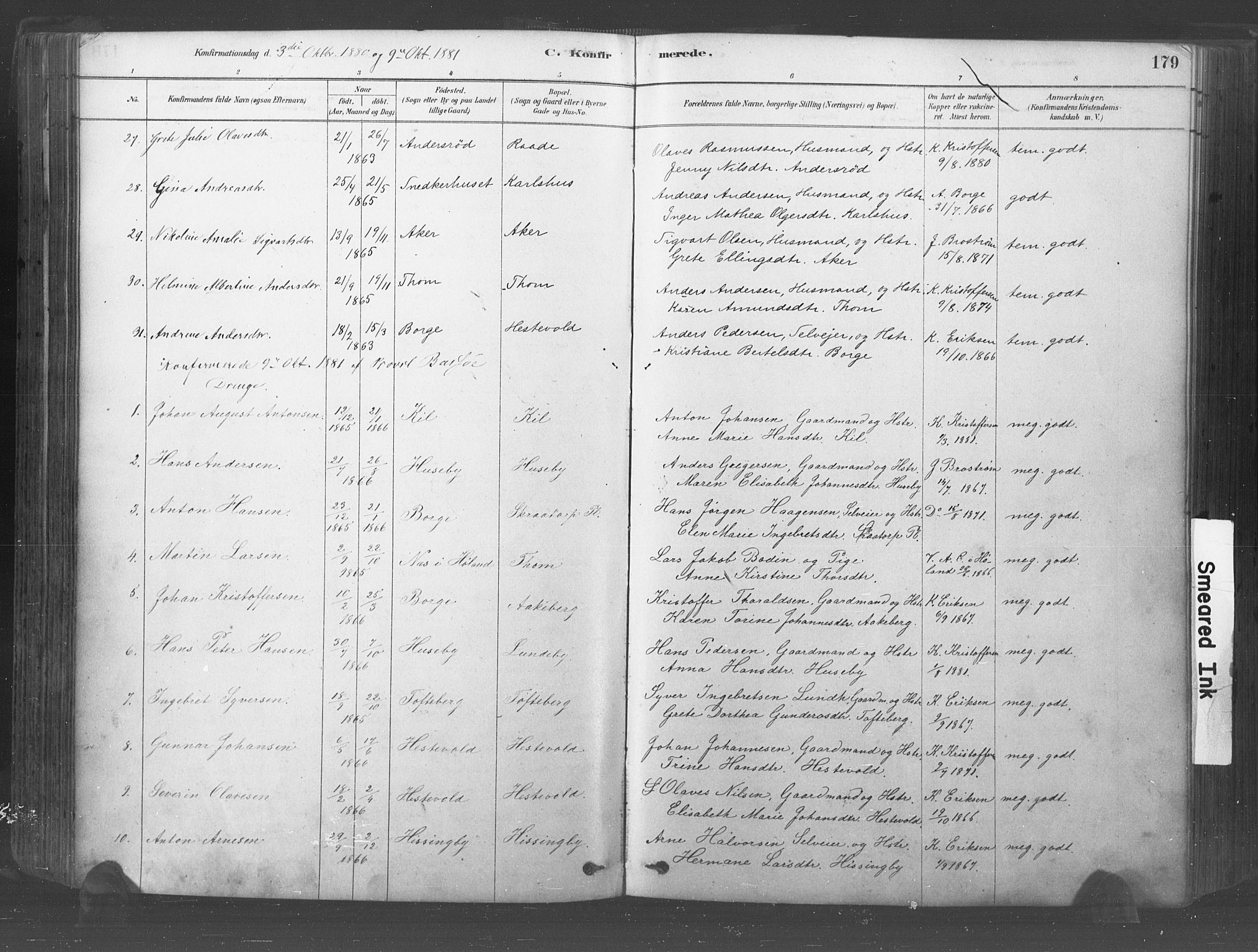 Råde prestekontor kirkebøker, SAO/A-2009/F/Fa/L0007: Parish register (official) no. 7, 1878-1902, p. 179