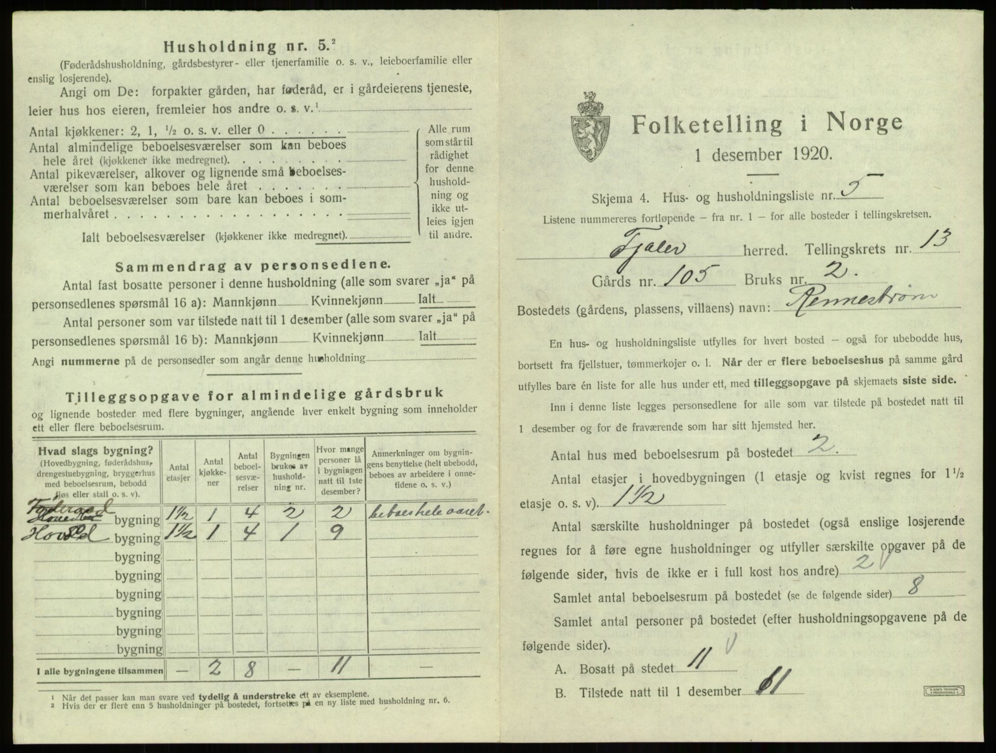 SAB, 1920 census for Fjaler, 1920, p. 1068