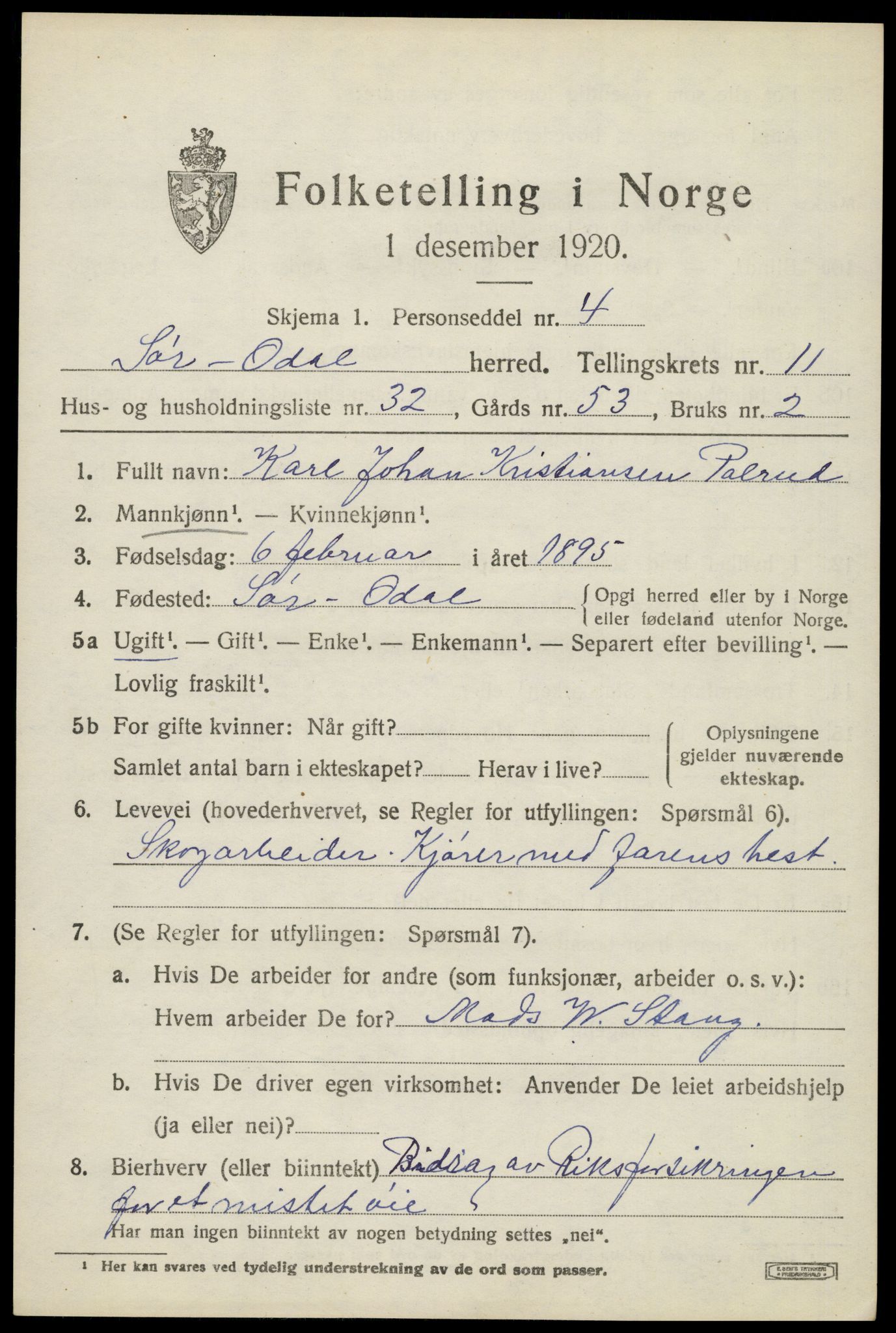 SAH, 1920 census for Sør-Odal, 1920, p. 12185