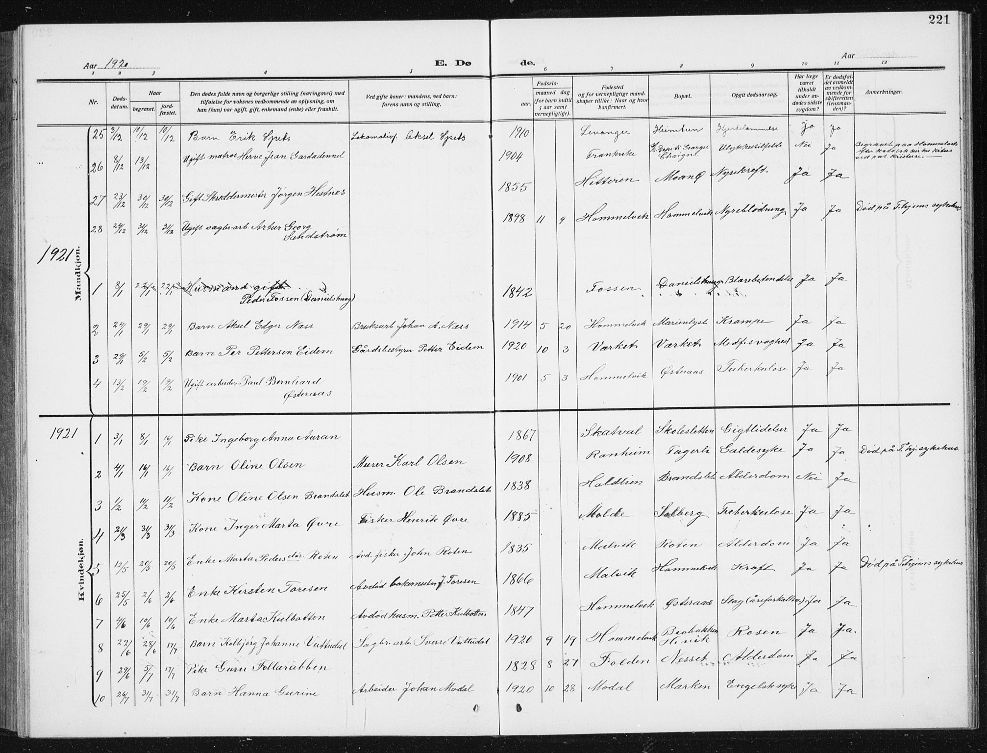 Ministerialprotokoller, klokkerbøker og fødselsregistre - Sør-Trøndelag, AV/SAT-A-1456/617/L0431: Parish register (copy) no. 617C02, 1910-1936, p. 221