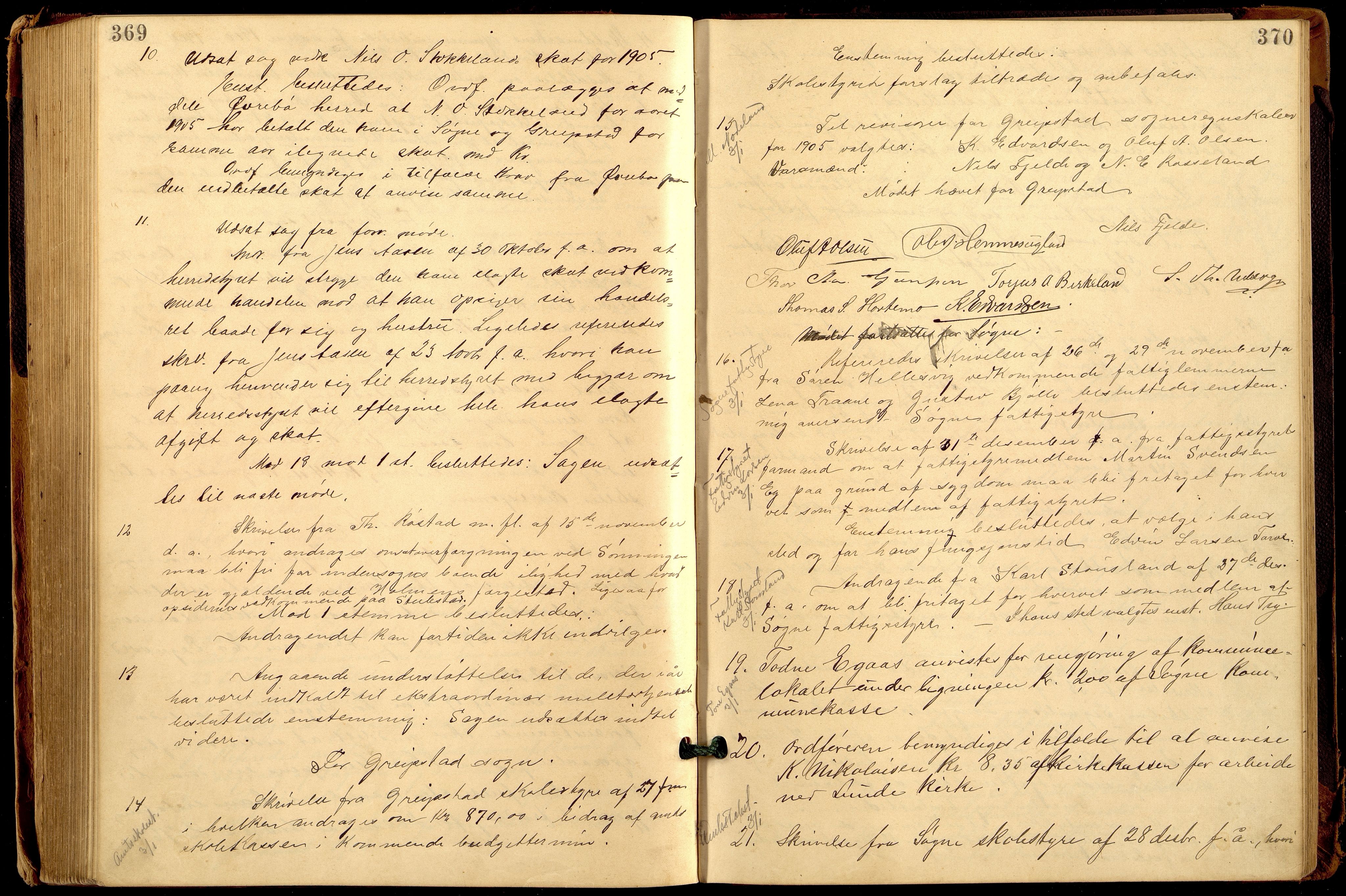 Søgne og Greipstad kommune - Formannskapet, ARKSOR/1018SG120/A/L0006: Møtebok (d), 1901-1909, p. 369-370
