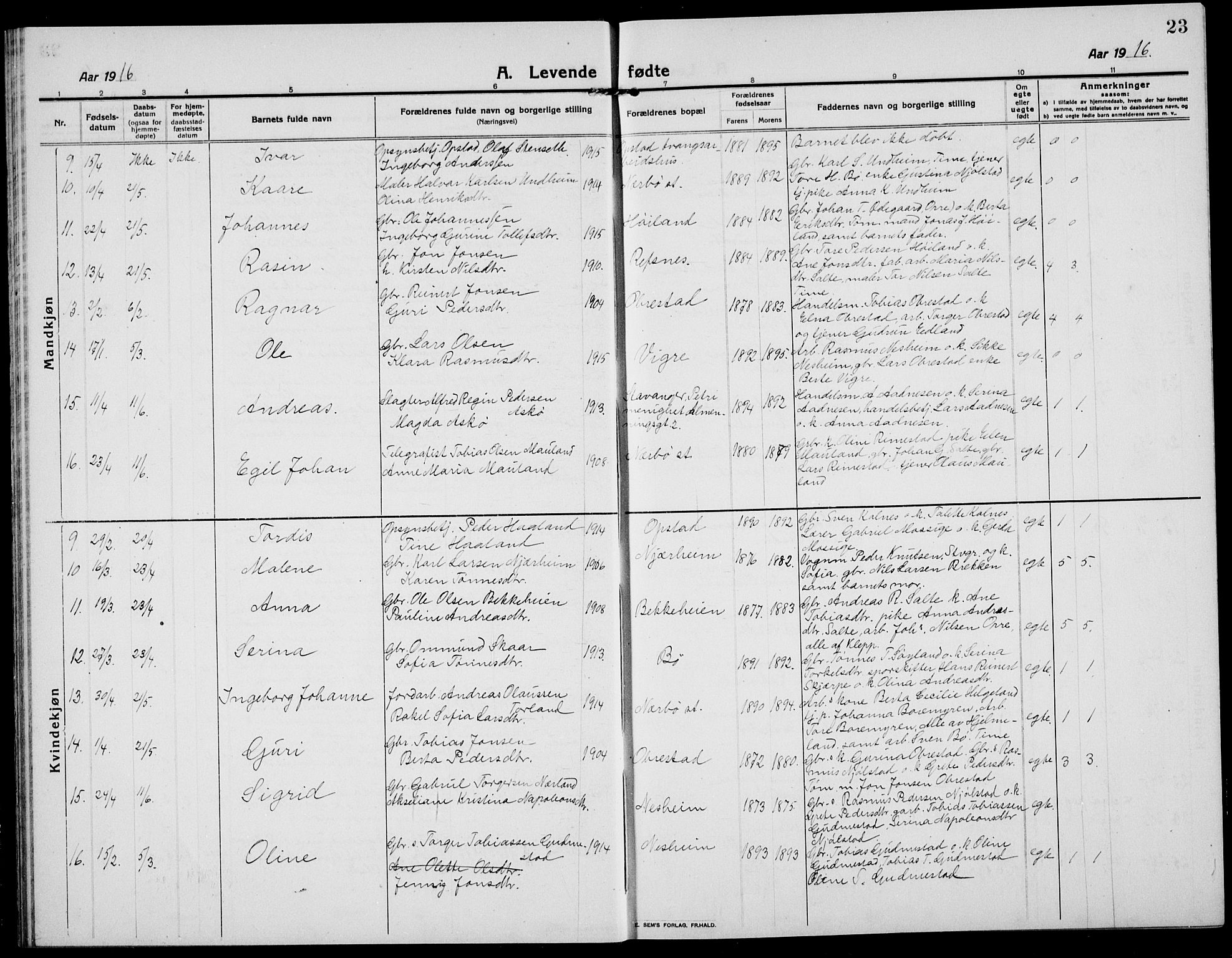 Hå sokneprestkontor, SAST/A-101801/001/30BB/L0007: Parish register (copy) no. B 7, 1912-1939, p. 23