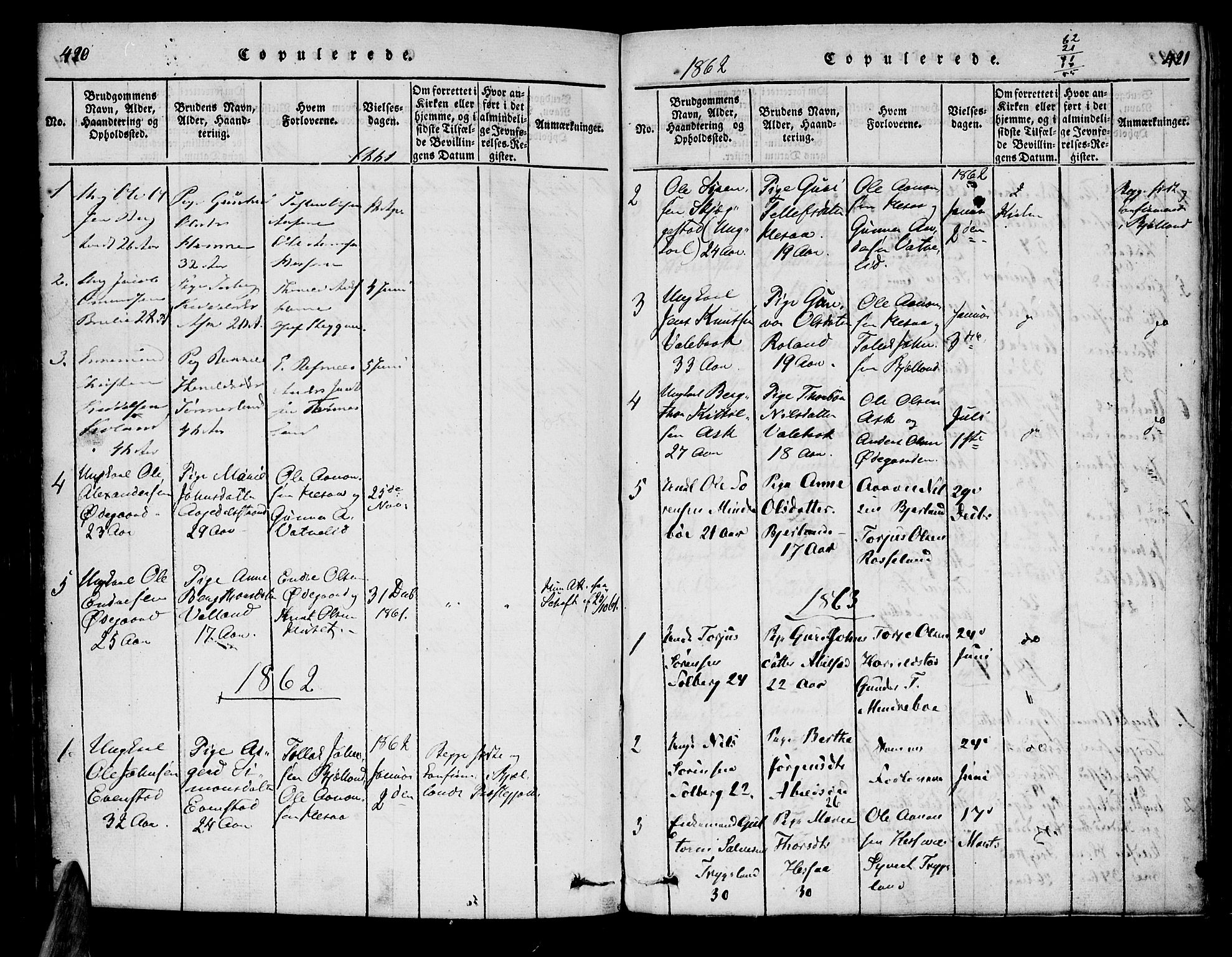 Bjelland sokneprestkontor, SAK/1111-0005/F/Fa/Faa/L0002: Parish register (official) no. A 2, 1816-1866, p. 420-421