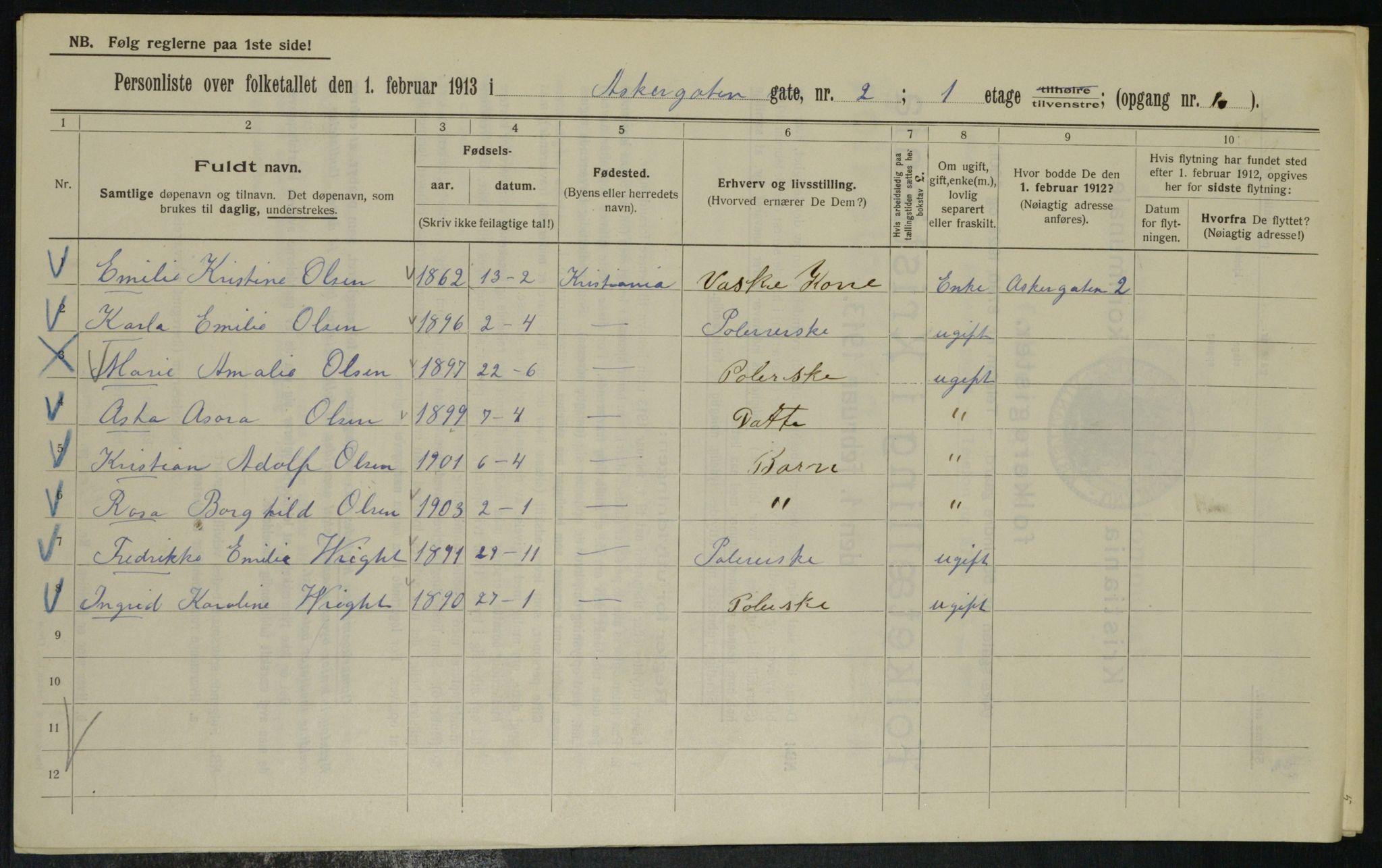 OBA, Municipal Census 1913 for Kristiania, 1913, p. 2425