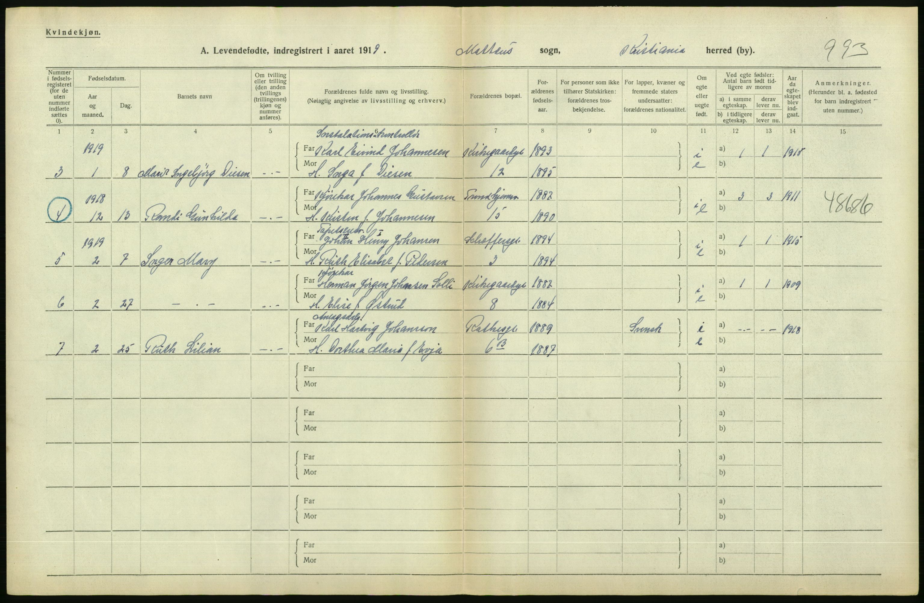 Statistisk sentralbyrå, Sosiodemografiske emner, Befolkning, AV/RA-S-2228/D/Df/Dfb/Dfbi/L0008: Kristiania: Levendefødte menn og kvinner., 1919