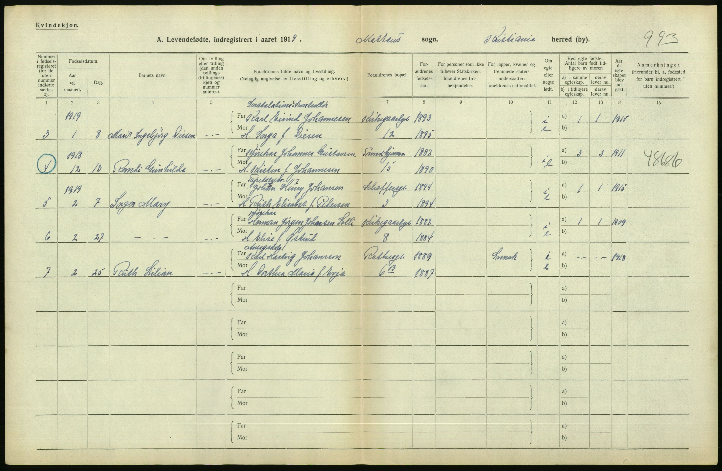 Statistisk sentralbyrå, Sosiodemografiske emner, Befolkning, AV/RA-S-2228/D/Df/Dfb/Dfbi/L0008: Kristiania: Levendefødte menn og kvinner., 1919