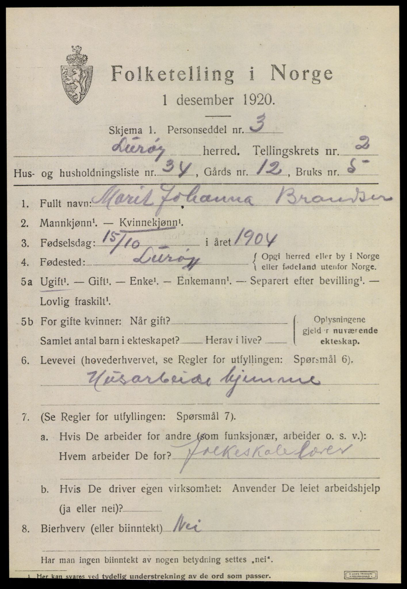 SAT, 1920 census for Lurøy, 1920, p. 1787